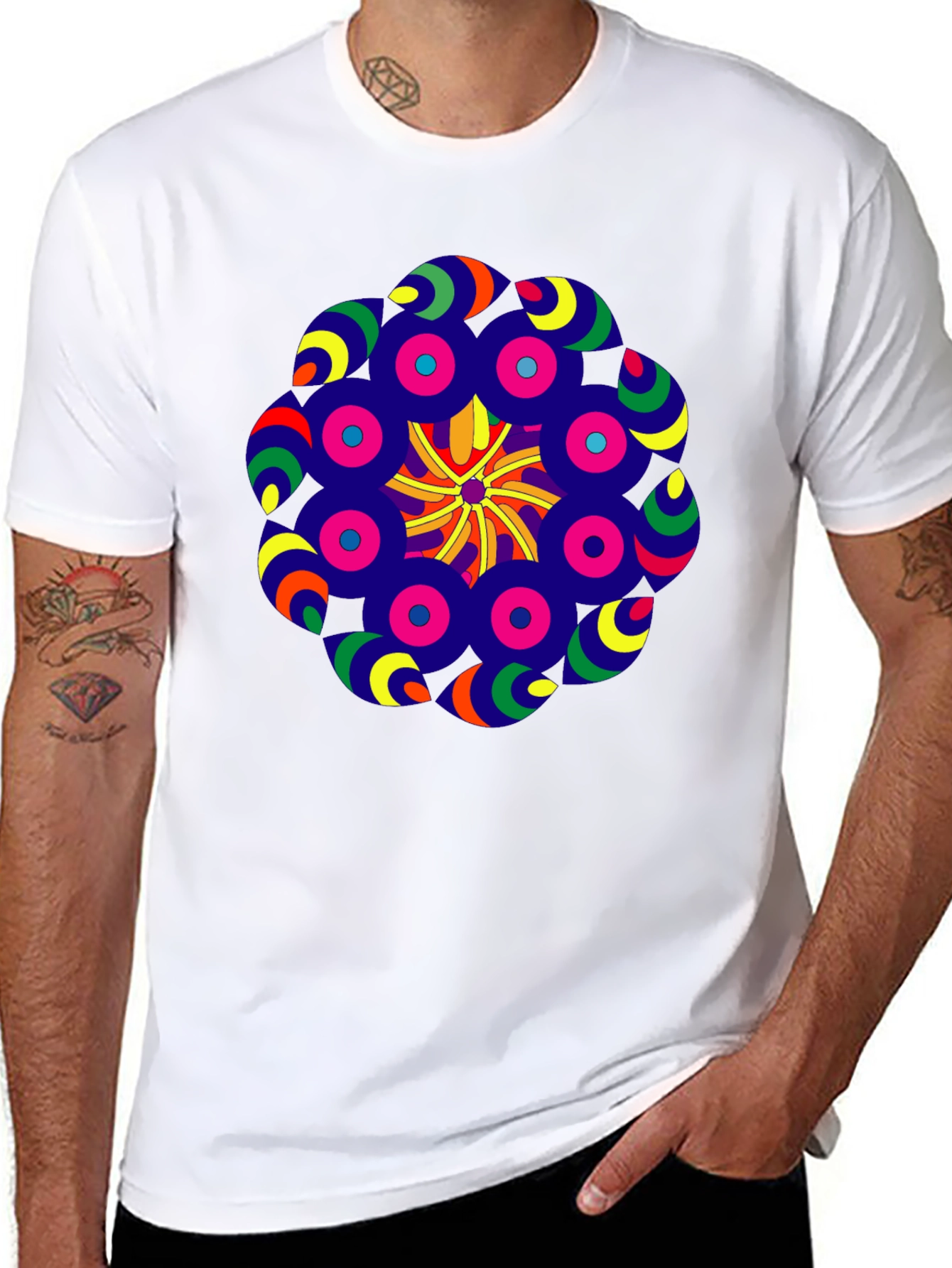 Vibrant Mandala Graphic Tee - Black Cotton Blend Shirt