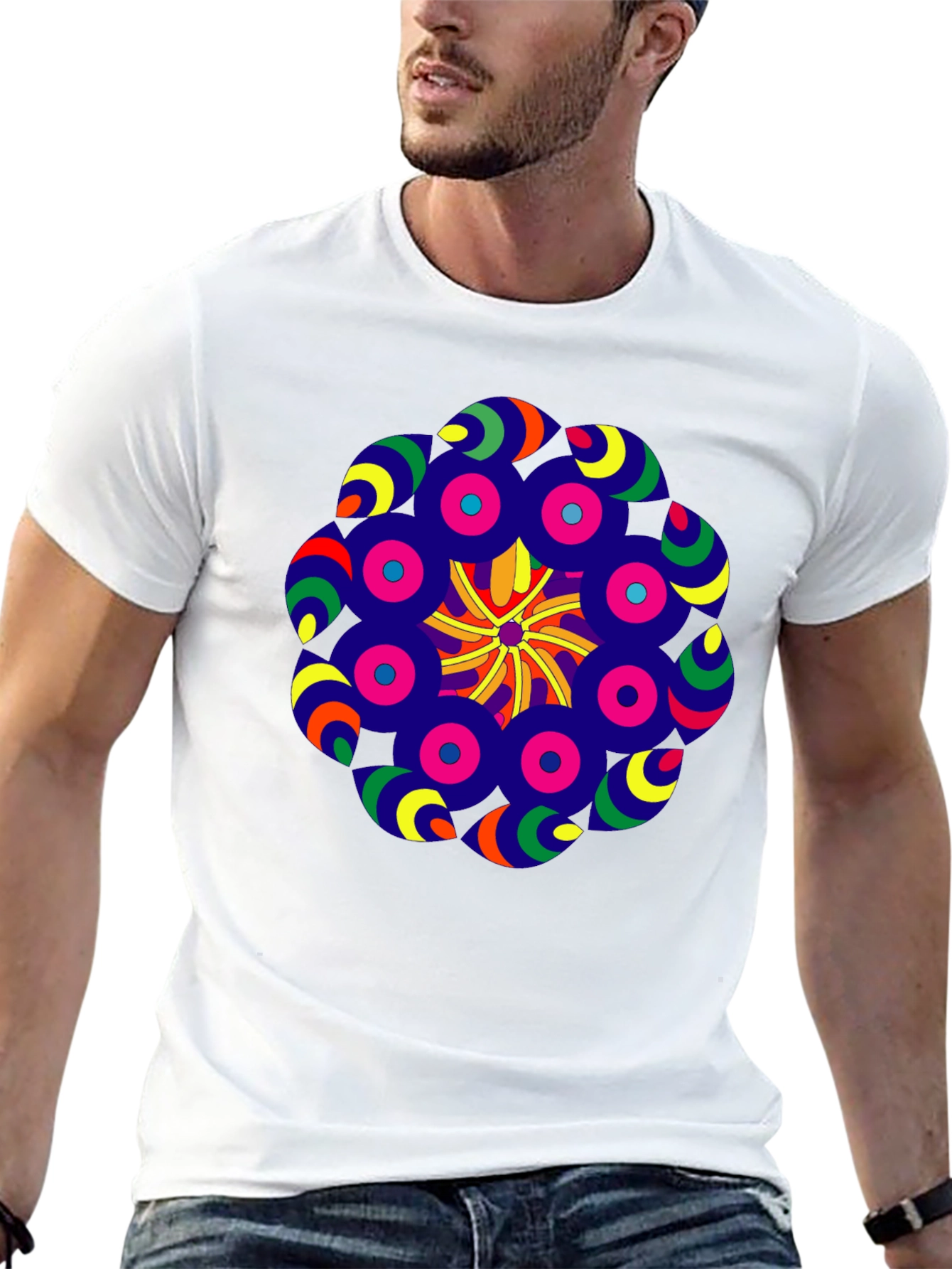 Vibrant Mandala Graphic Tee - Black Cotton Blend Shirt