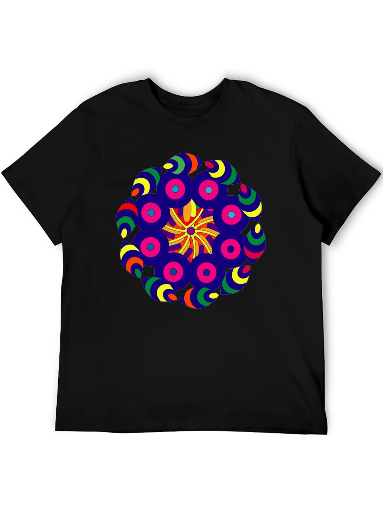 Vibrant Mandala Graphic Tee - Black Cotton Blend Shirt