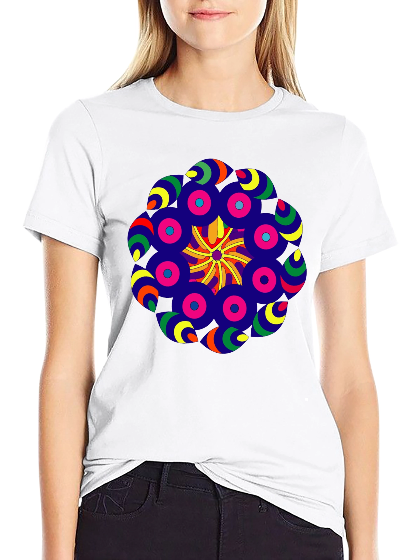 Vibrant Mandala Graphic Tee - Black Cotton Blend Shirt
