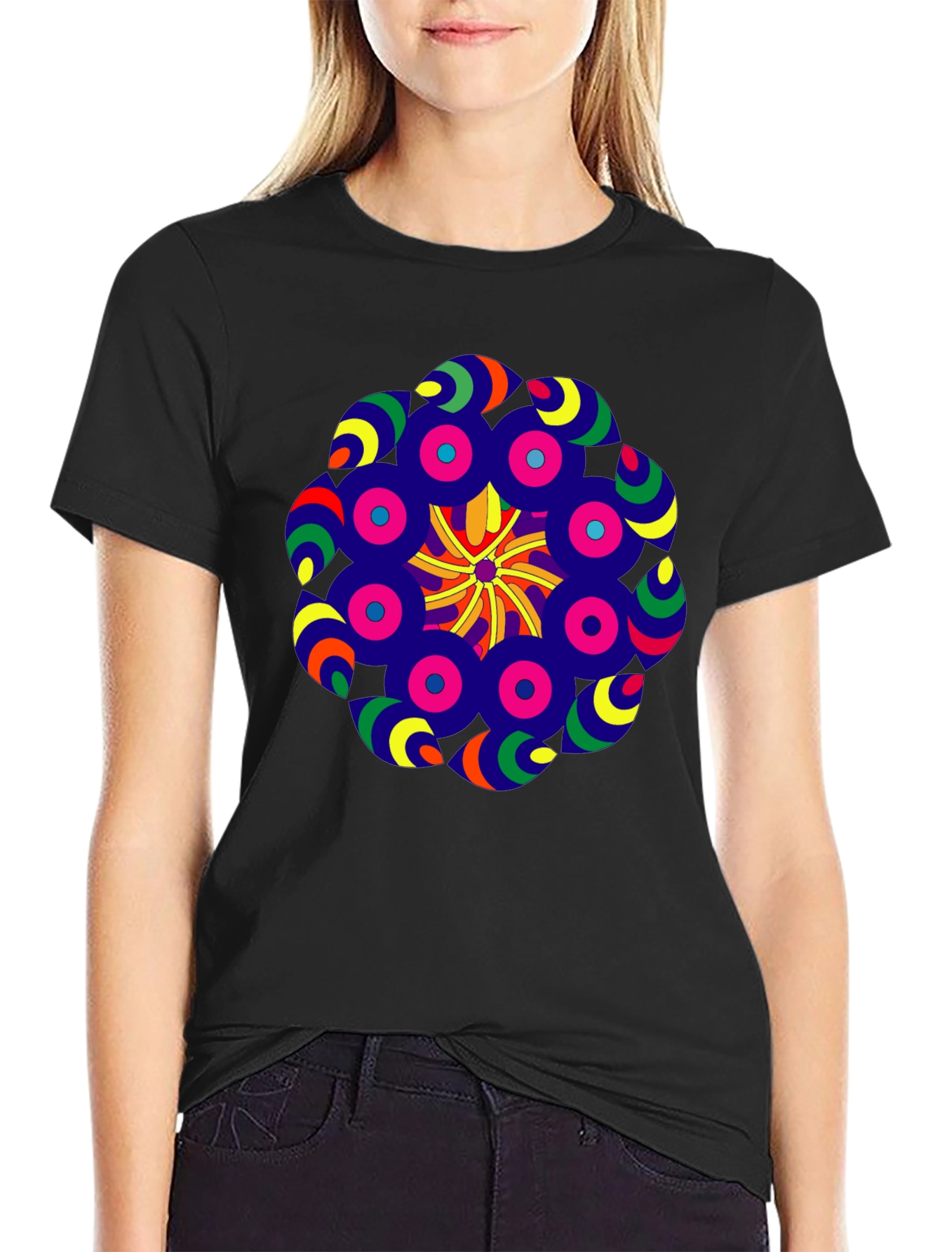 Vibrant Mandala Graphic Tee - Black Cotton Blend Shirt