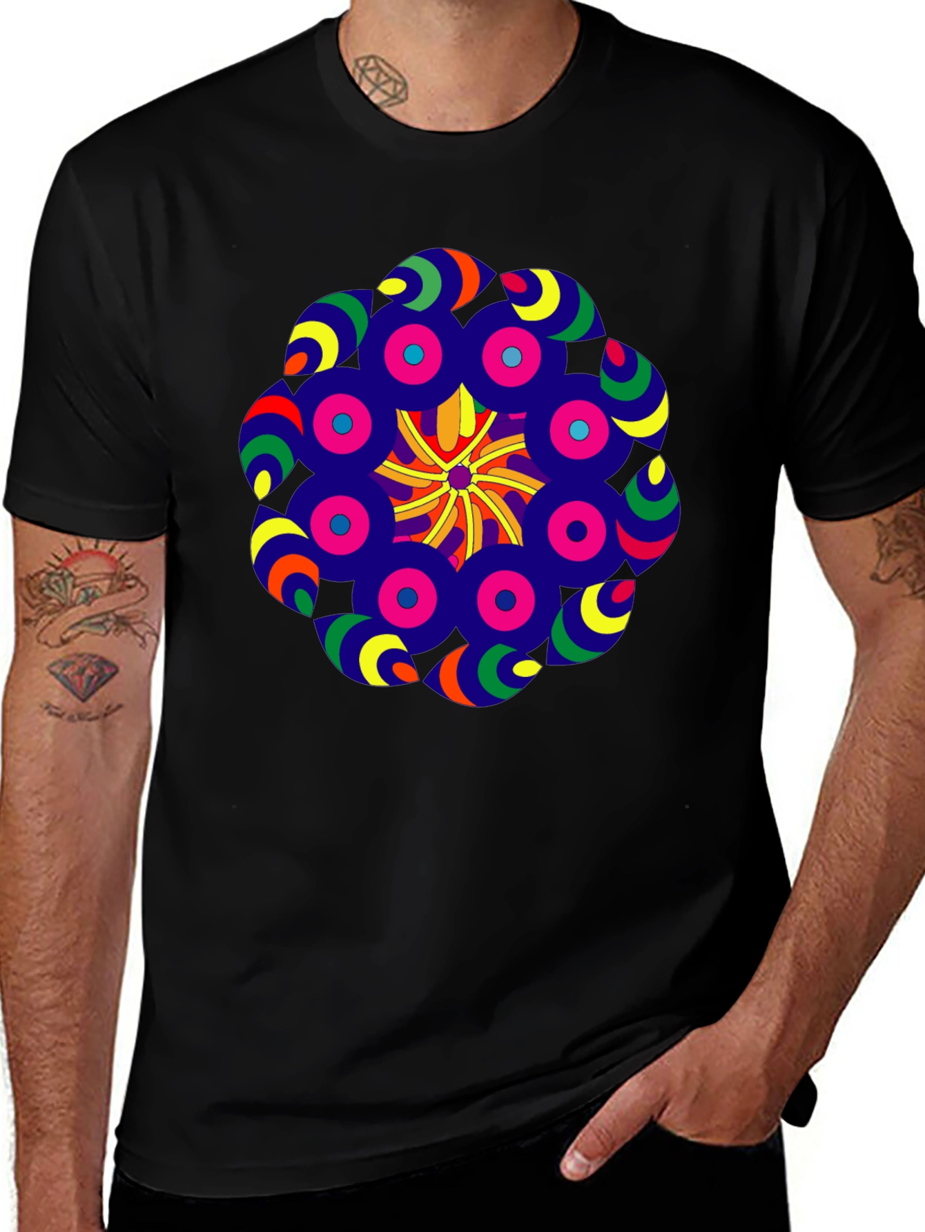 Vibrant Mandala Graphic Tee - Black Cotton Blend Shirt