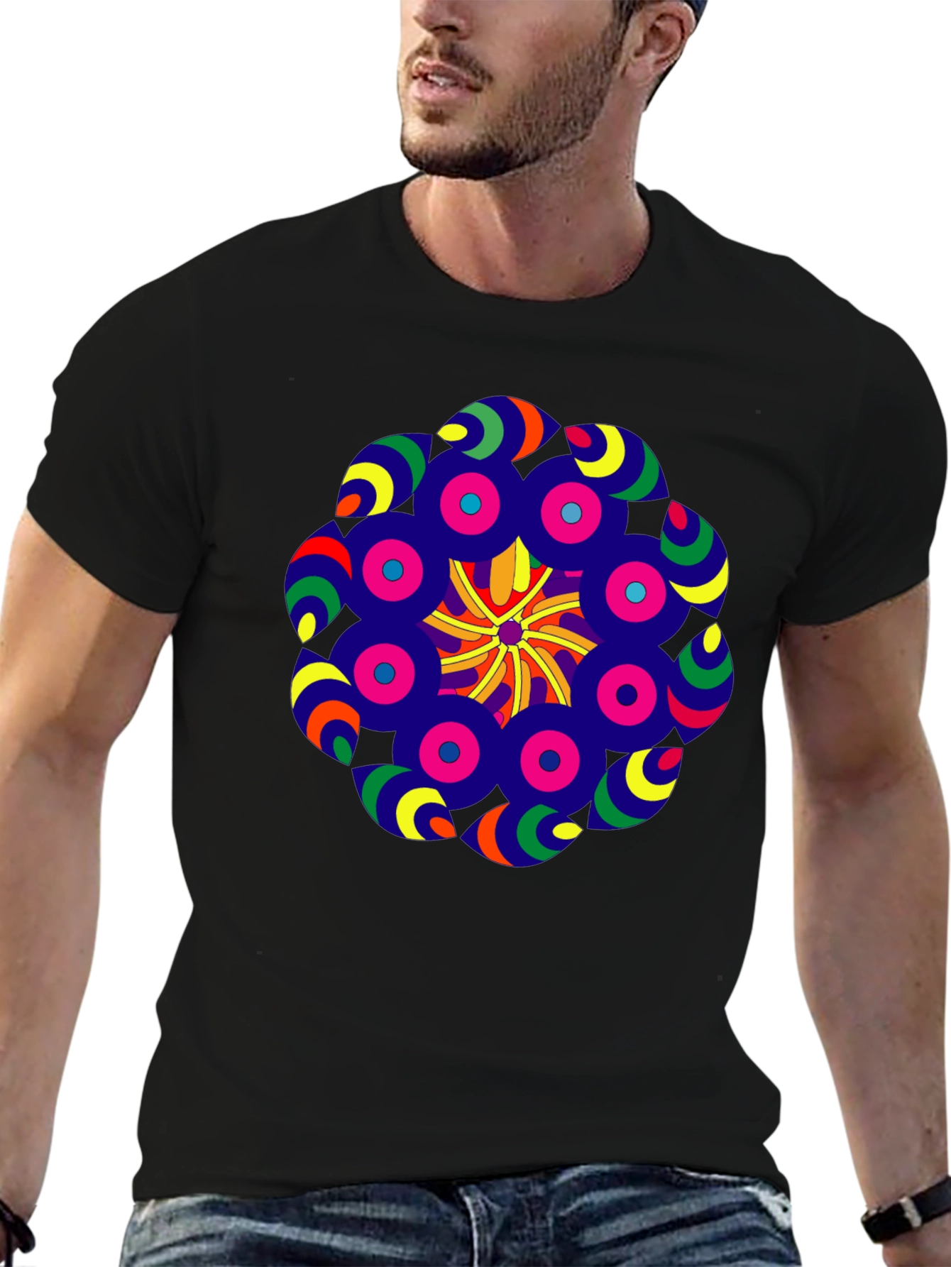 Vibrant Mandala Graphic Tee - Black Cotton Blend Shirt