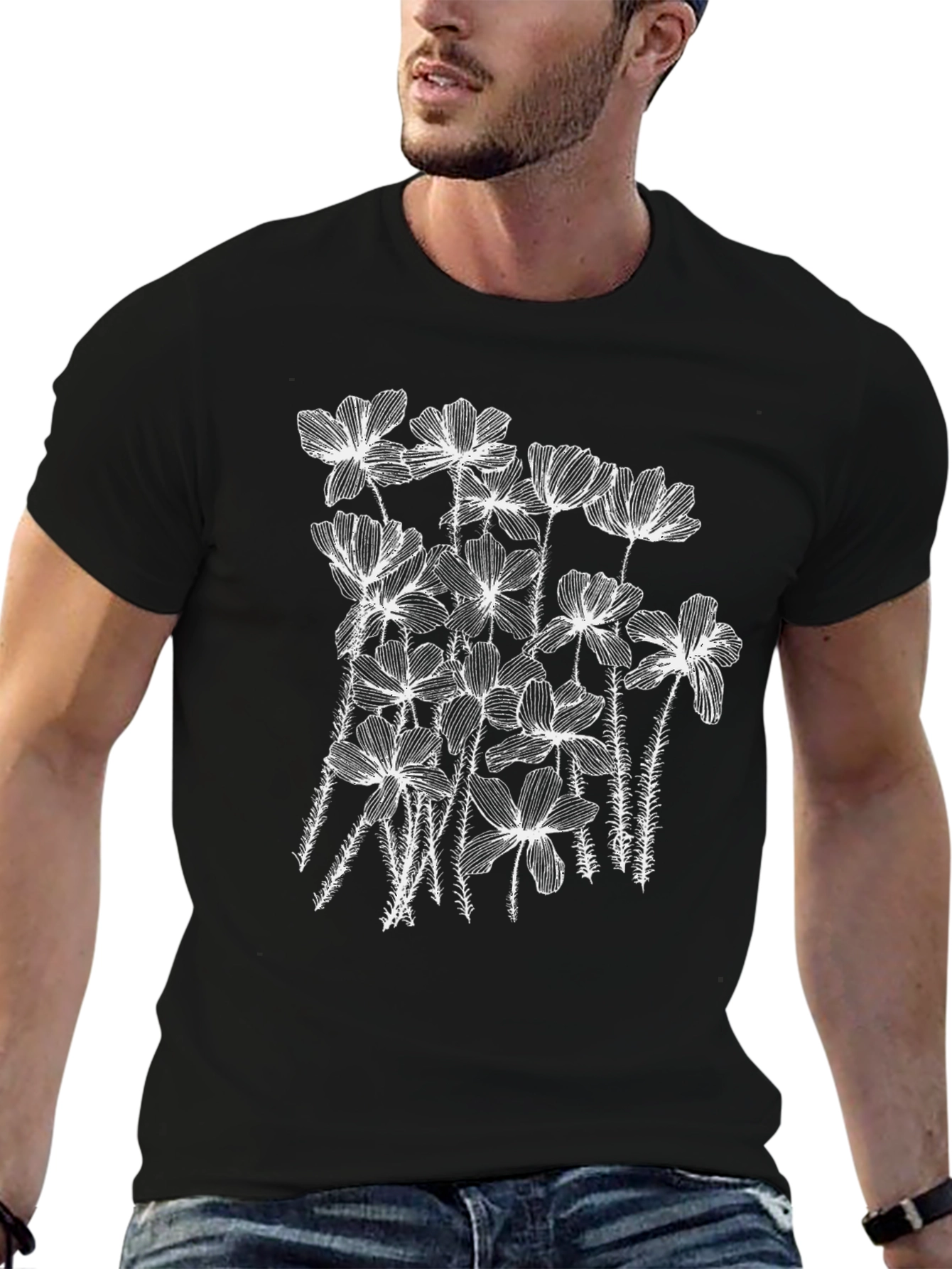Floral Graphic Tee - Stylish Black Cotton T-Shirt