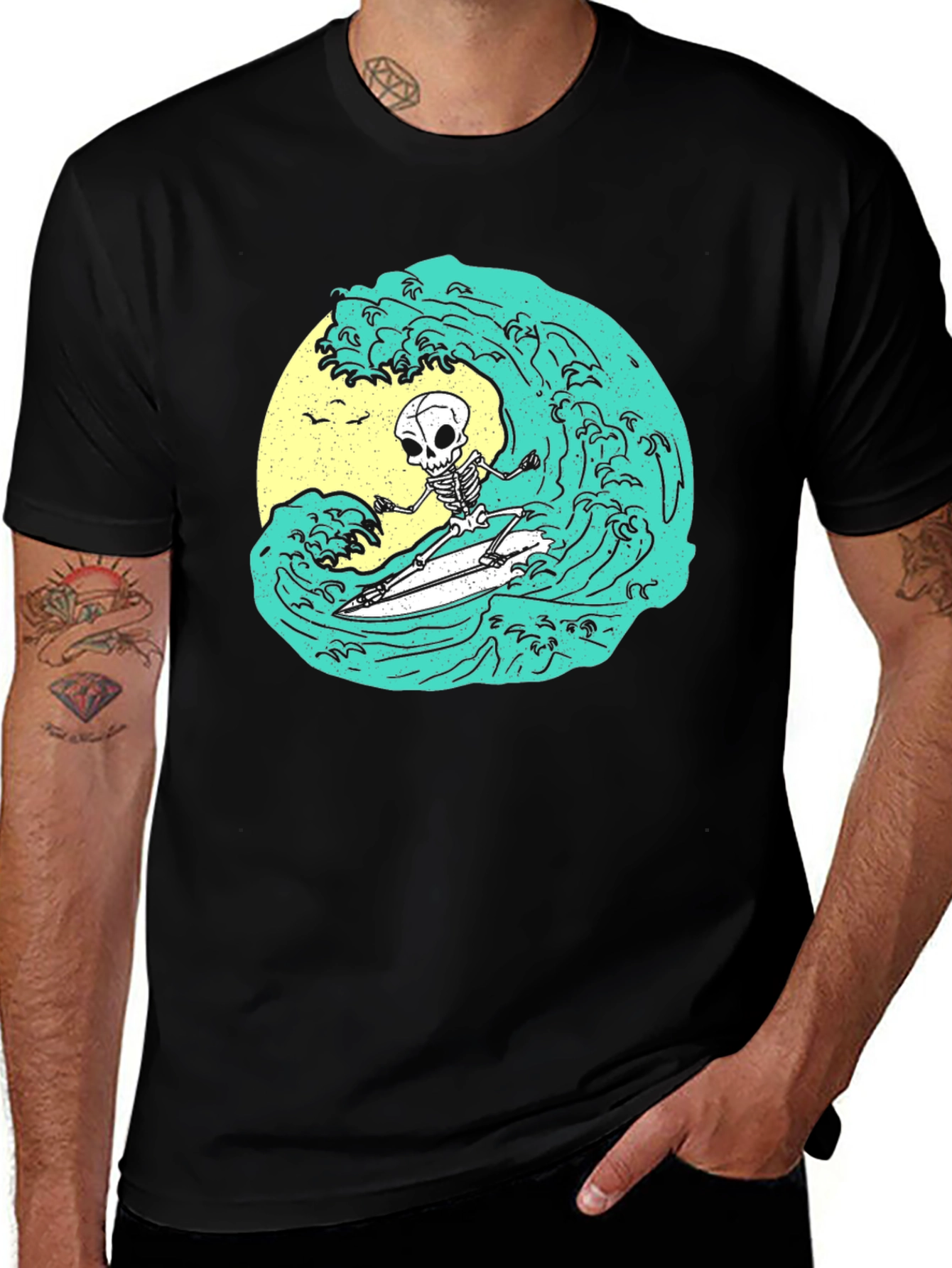 Skeleton Surfer Wave Graphic Tee