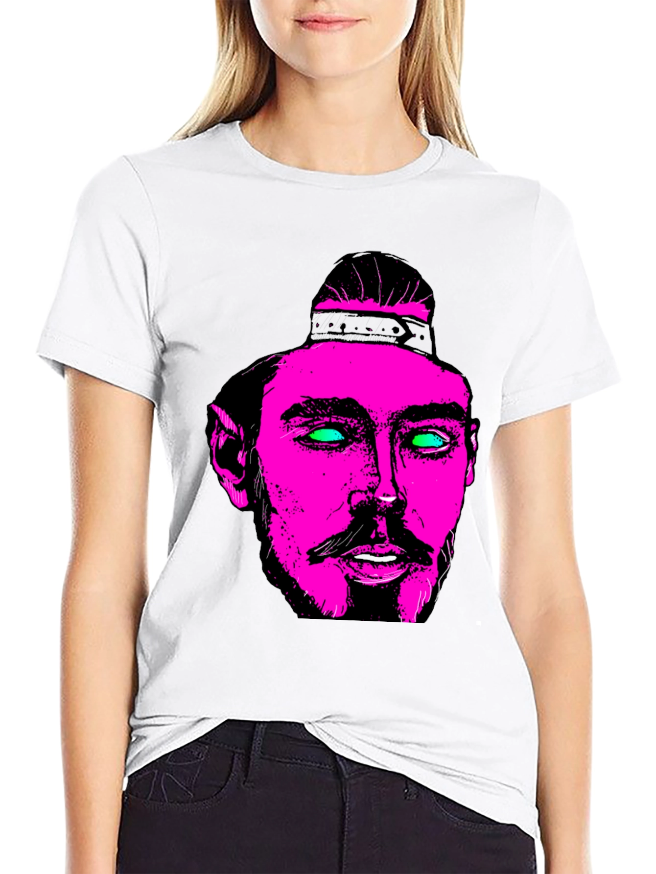Pink & Green Neon Face Graphic Black T-Shirt