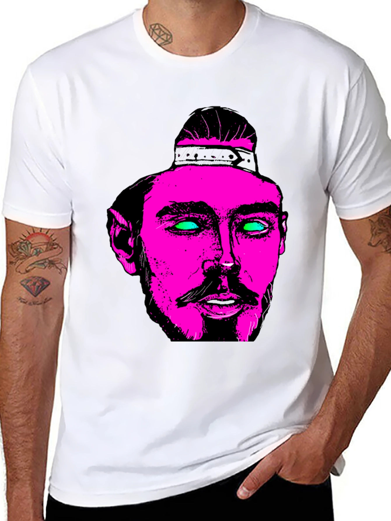 Pink & Green Neon Face Graphic Black T-Shirt