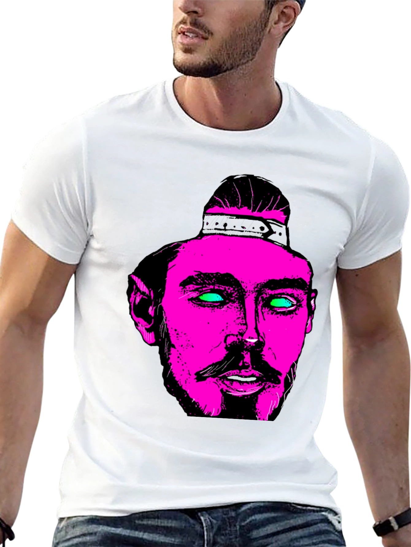 Pink & Green Neon Face Graphic Black T-Shirt