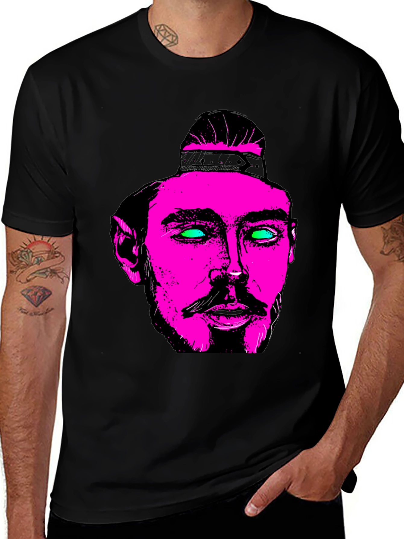 Pink & Green Neon Face Graphic Black T-Shirt