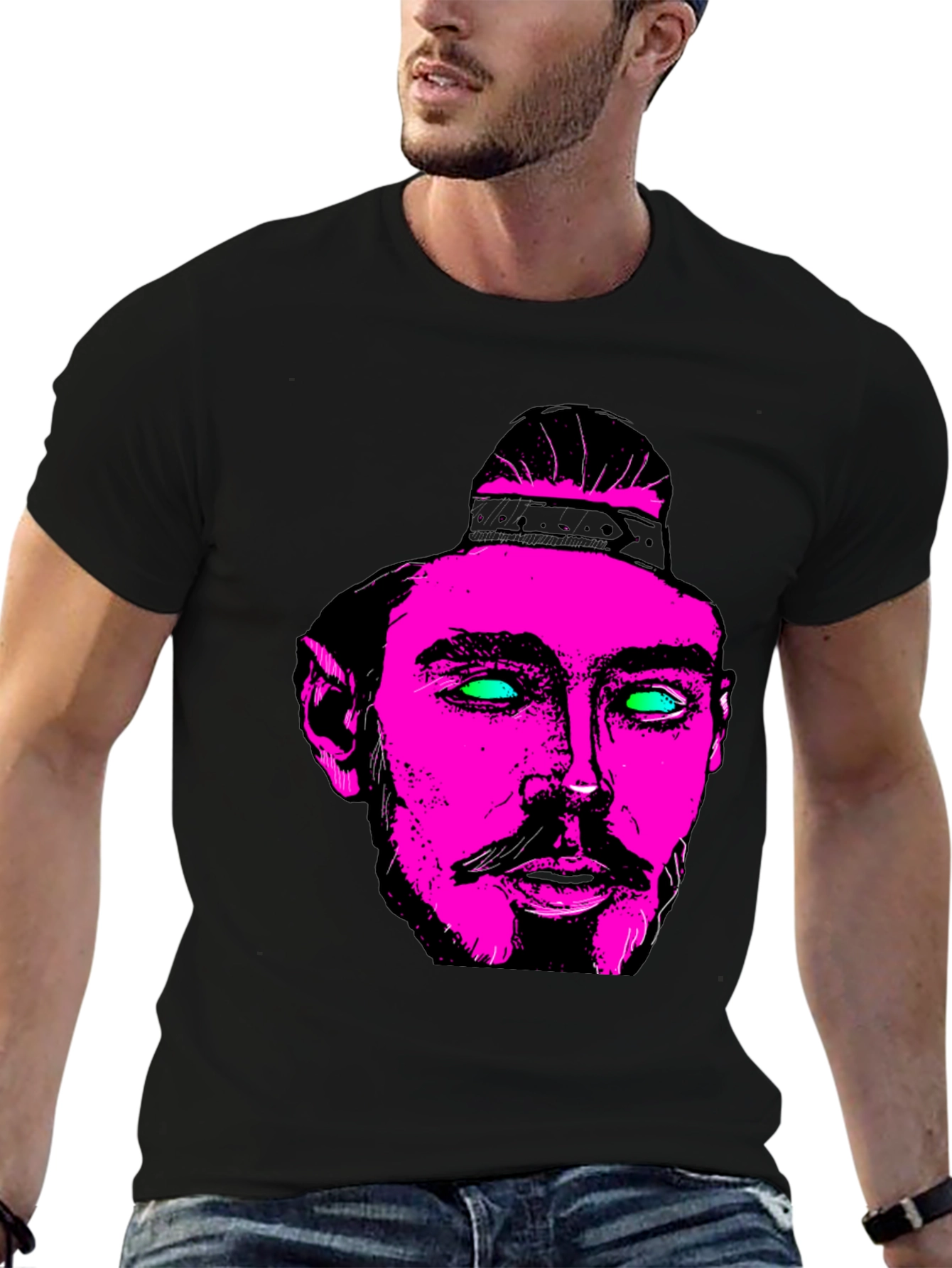 Pink & Green Neon Face Graphic Black T-Shirt