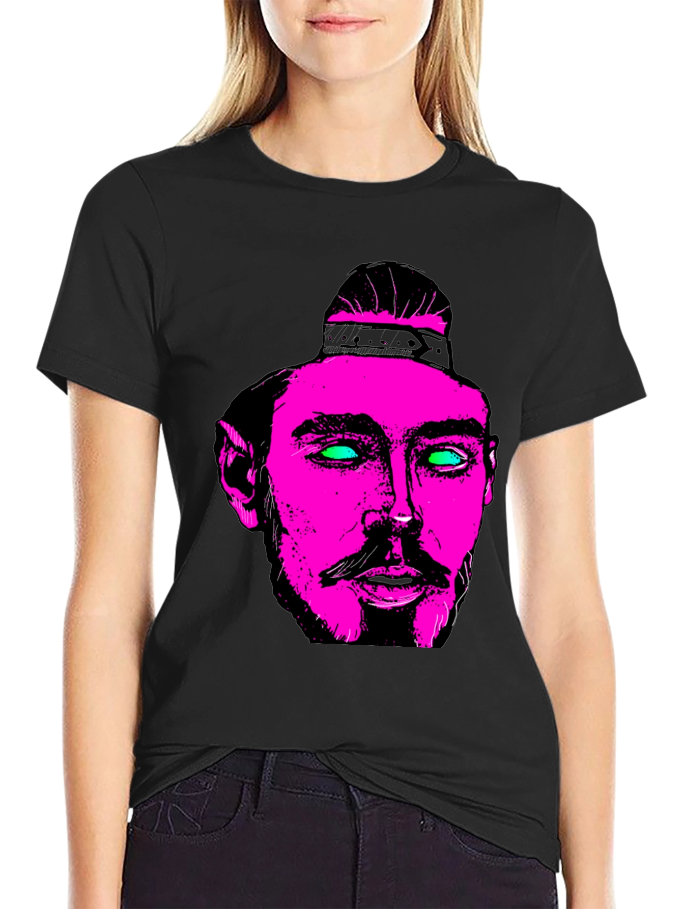 Pink & Green Neon Face Graphic Black T-Shirt