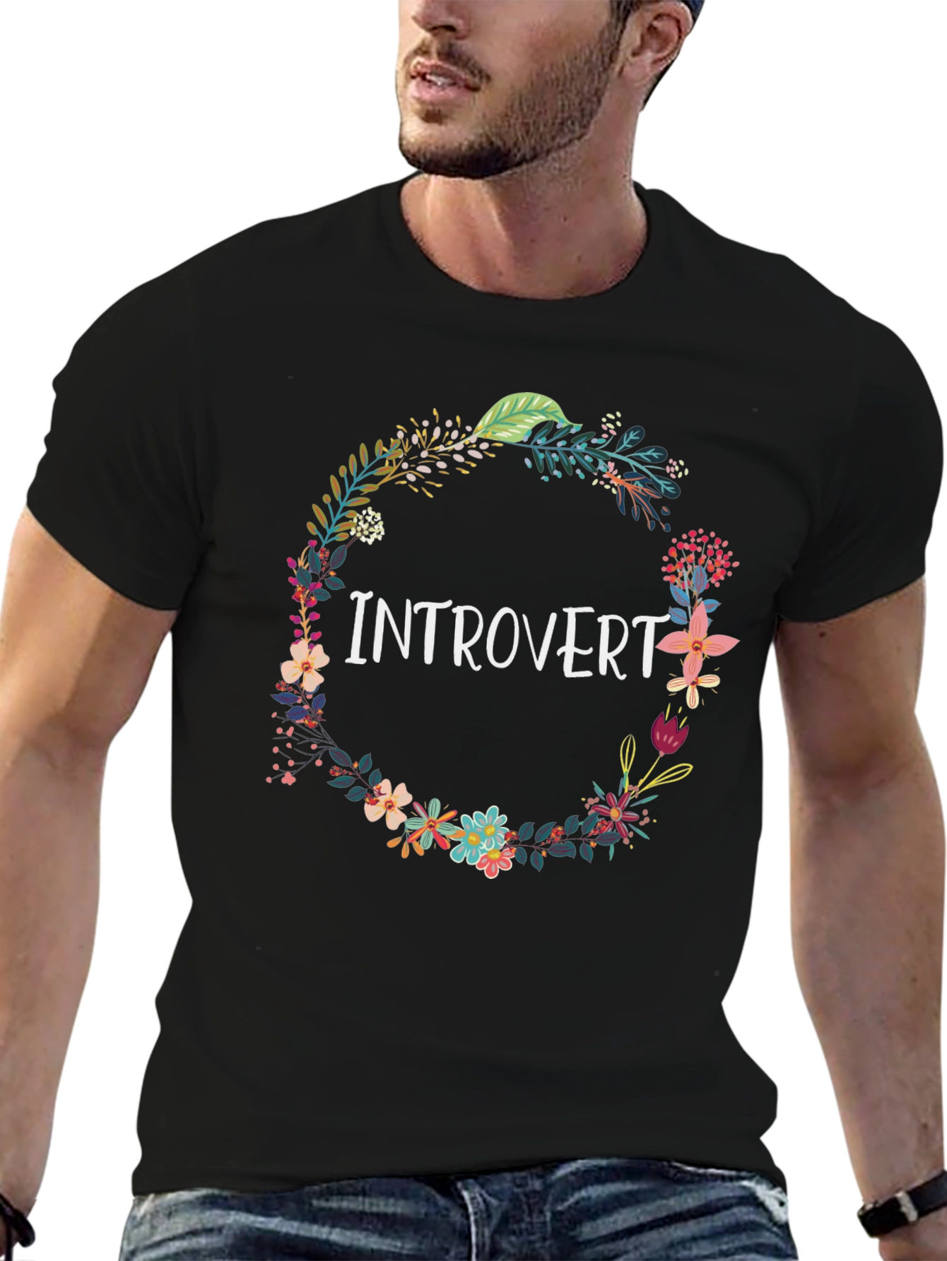 Introvert Floral Wreath Black T-Shirt