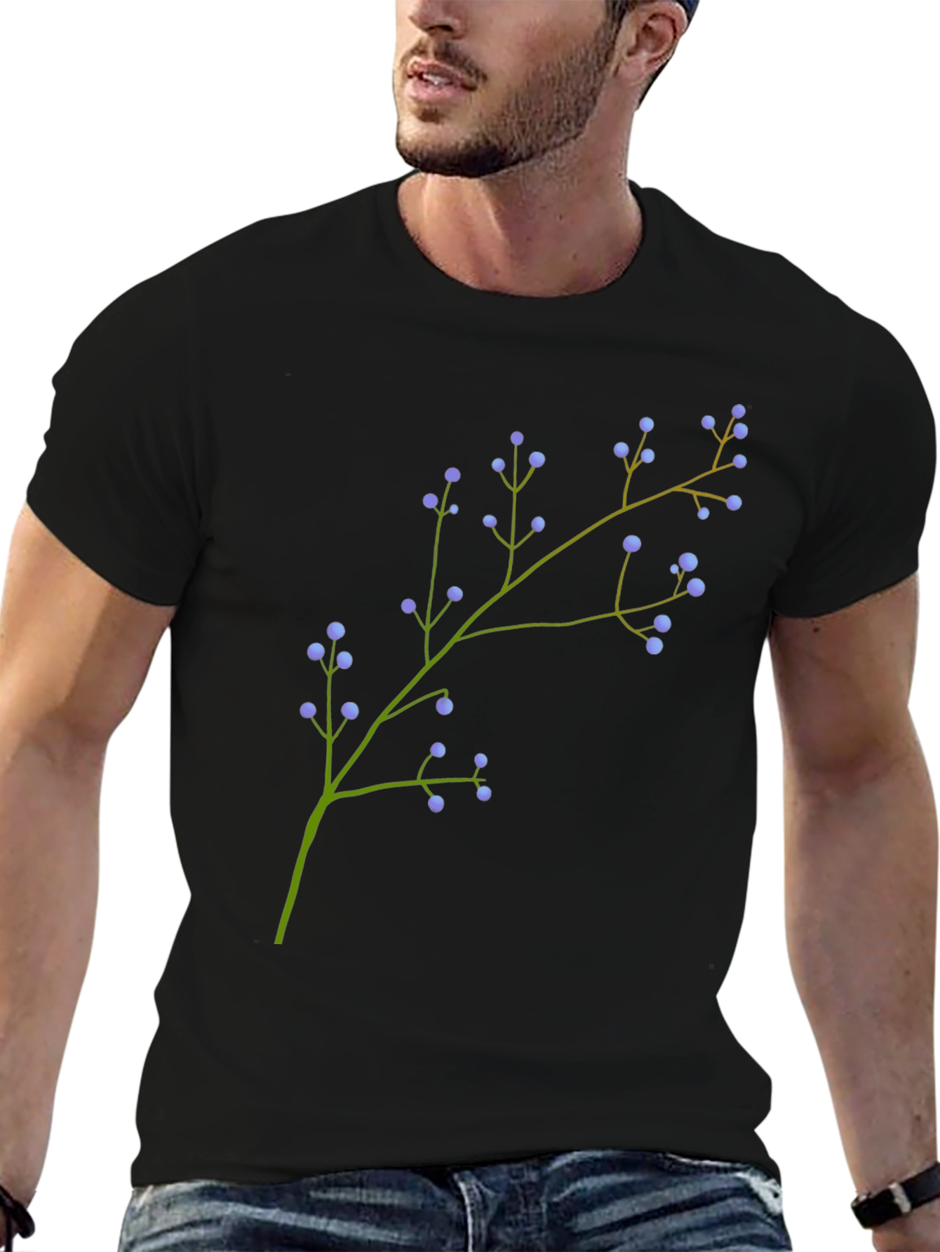 Mens Black Tee with Floral Branch Print
