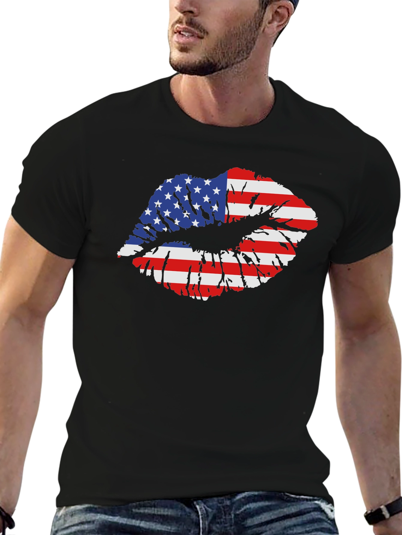 American Flag Lips Graphic Black T-Shirt