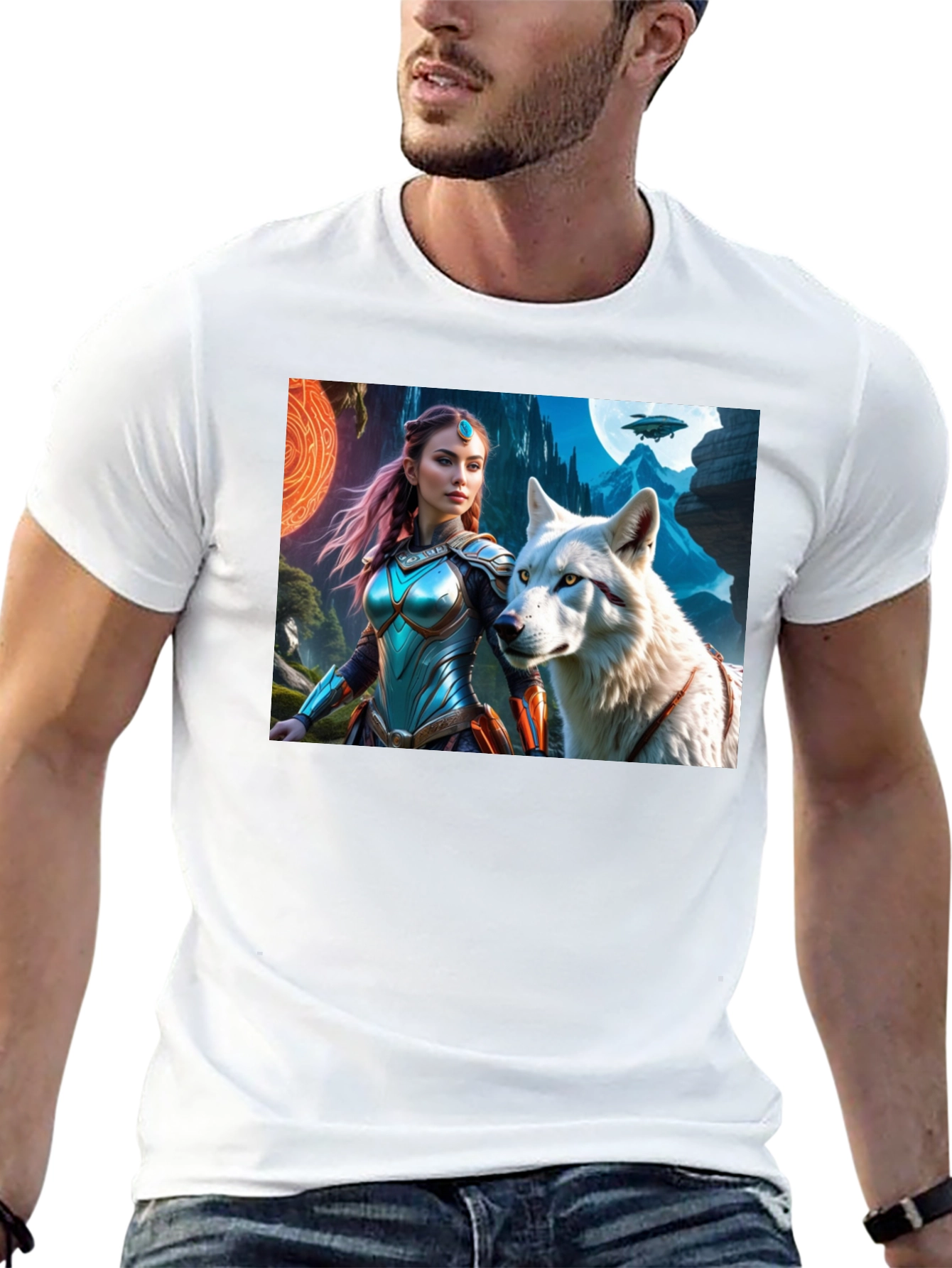 Fantasy Warrior and Wolf Graphic T-Shirt