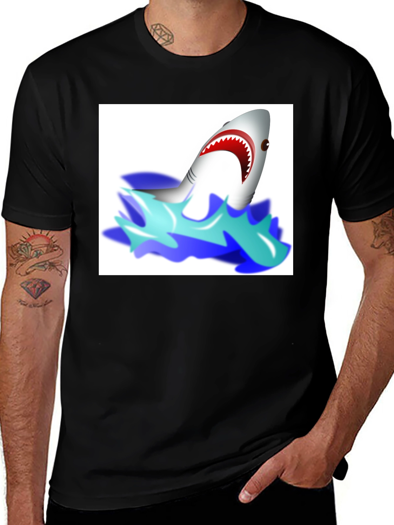 Cartoon Shark Graphic Tee - Black Cotton T-Shirt