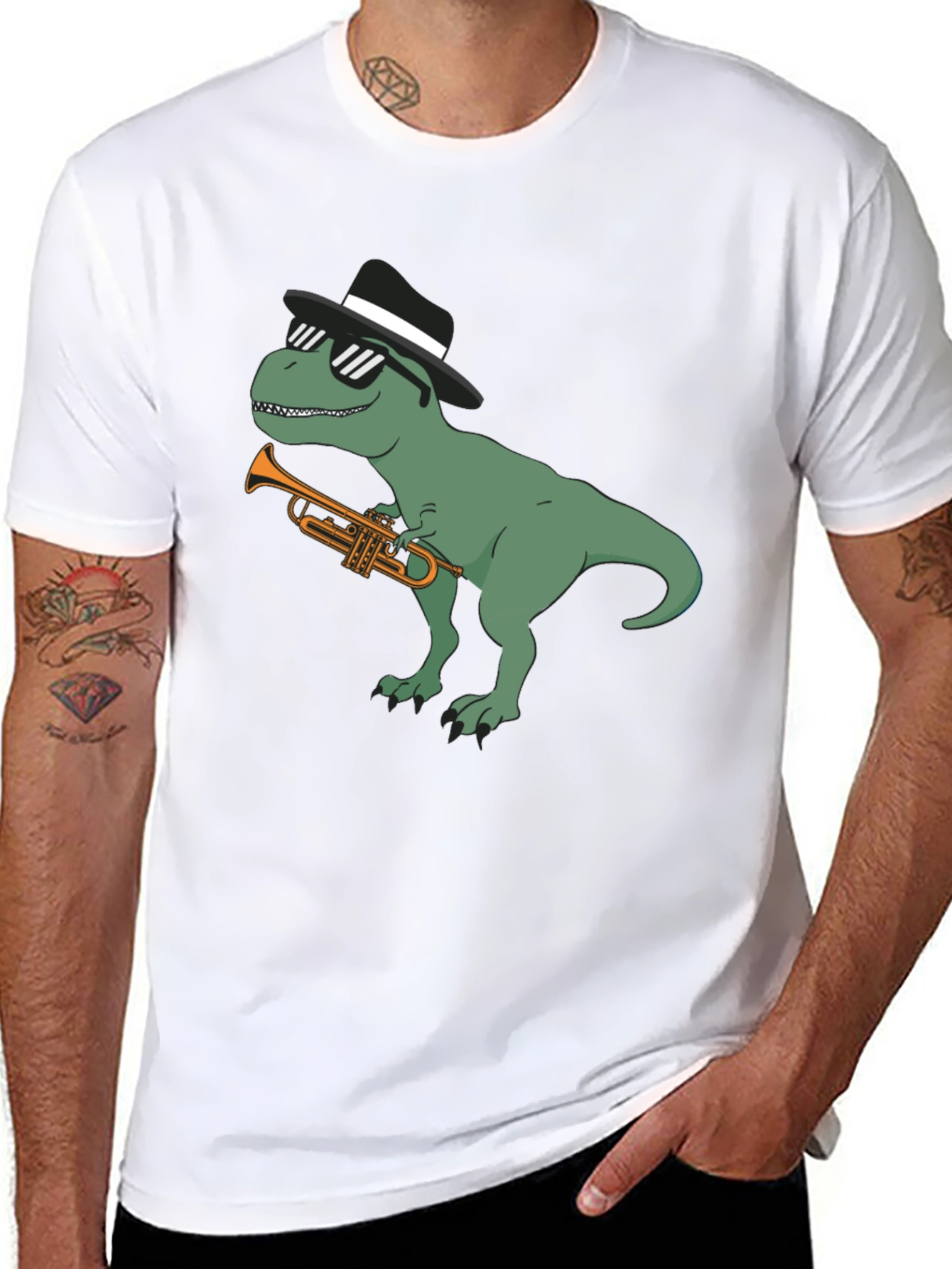 Cool Dinosaur Trumpet Player Graphic T-Shirt