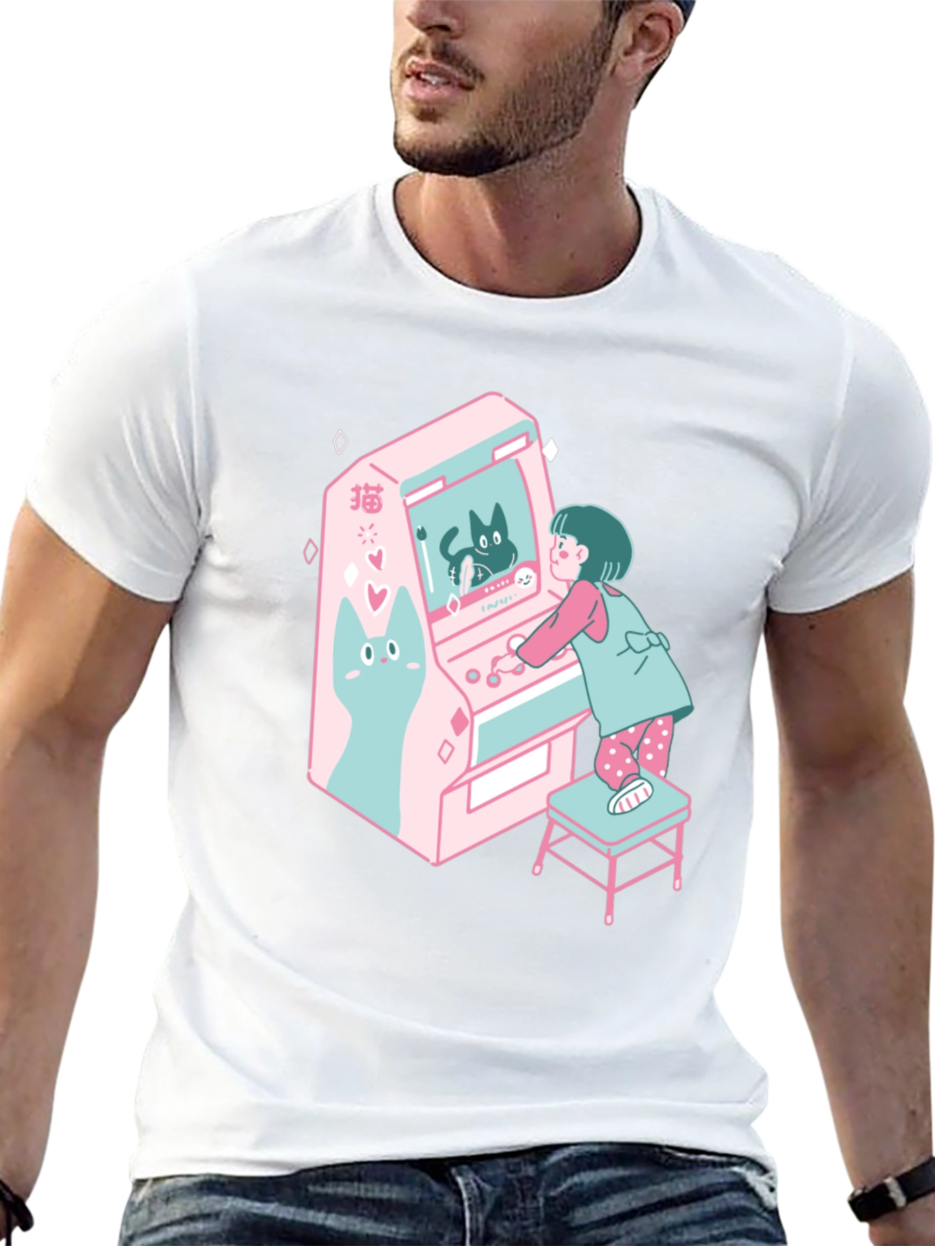 Retro Anime Girl & Arcade Game Graphic T-Shirt