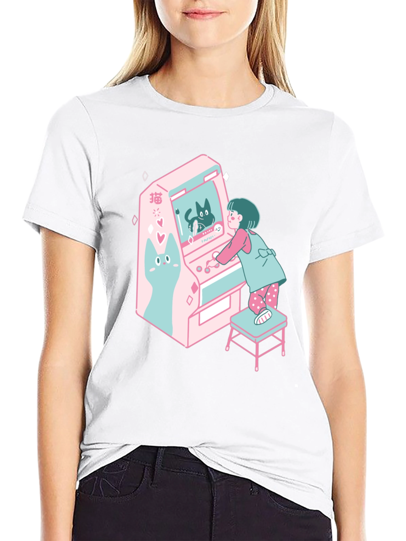 Retro Anime Girl & Arcade Game Graphic T-Shirt