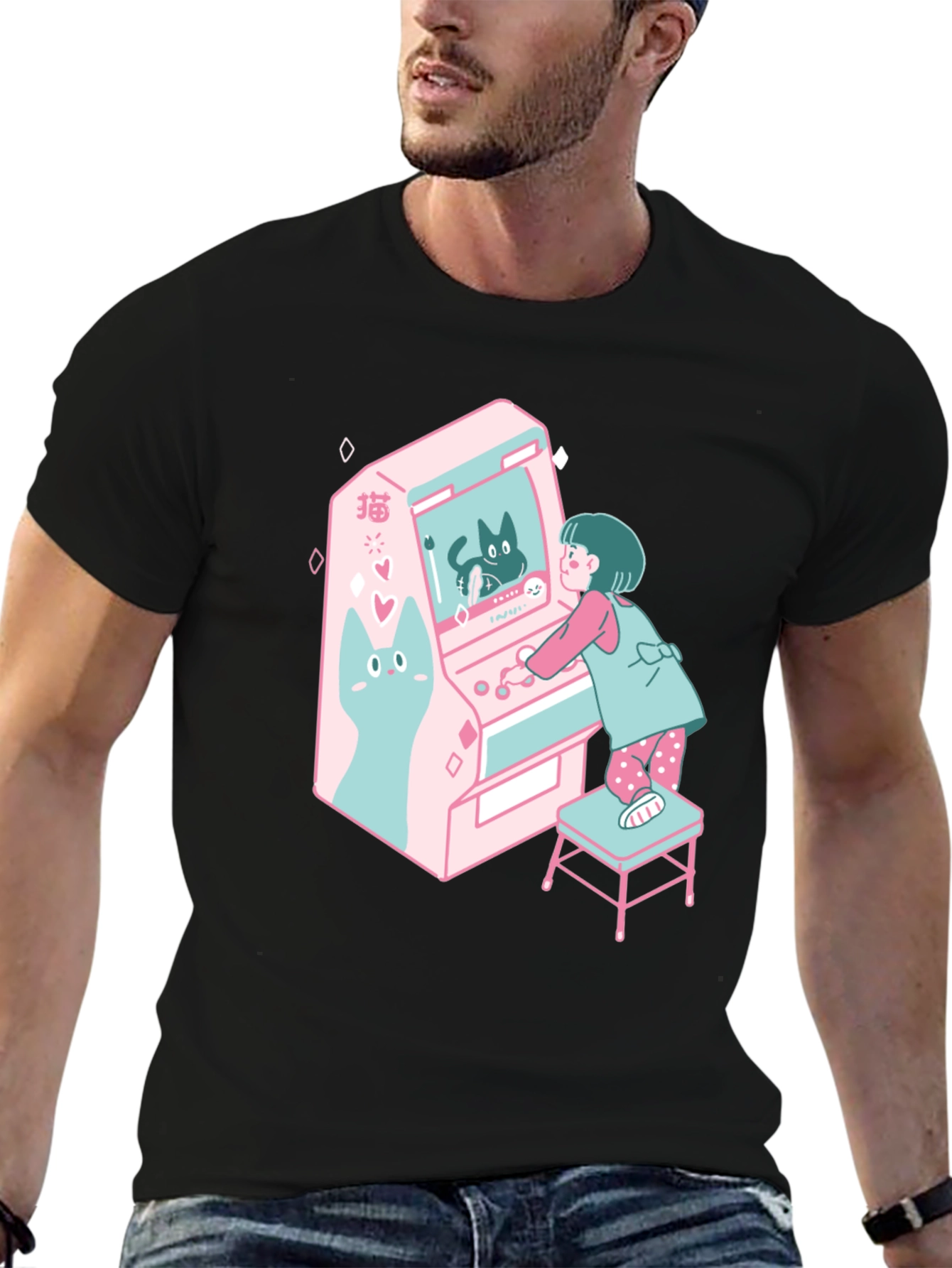 Retro Anime Girl & Arcade Game Graphic T-Shirt