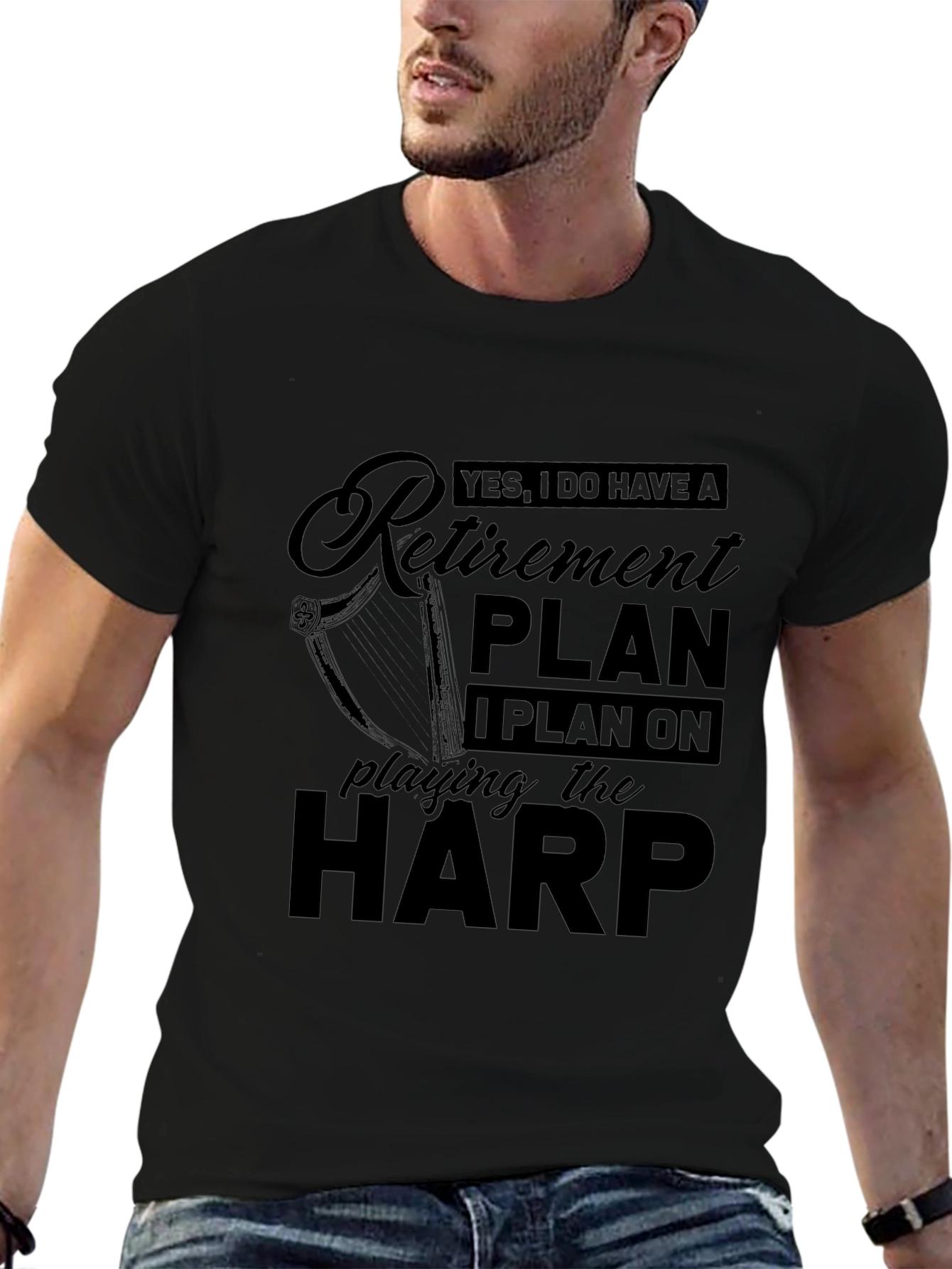Retirement Plan Harp Player Black T-Shirt