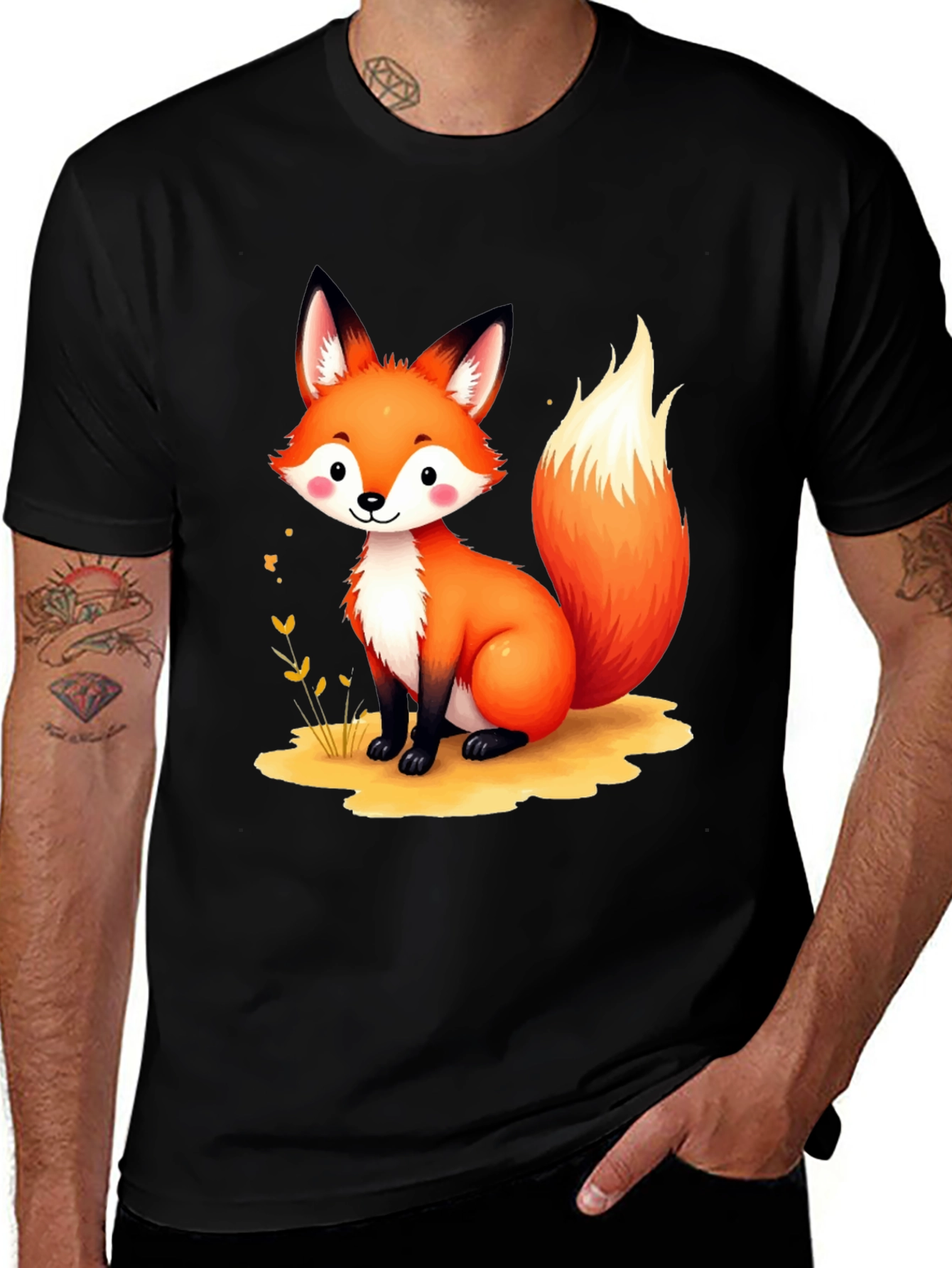 Cute Cartoon Fox Graphic Tee - Unisex Black T-Shirt