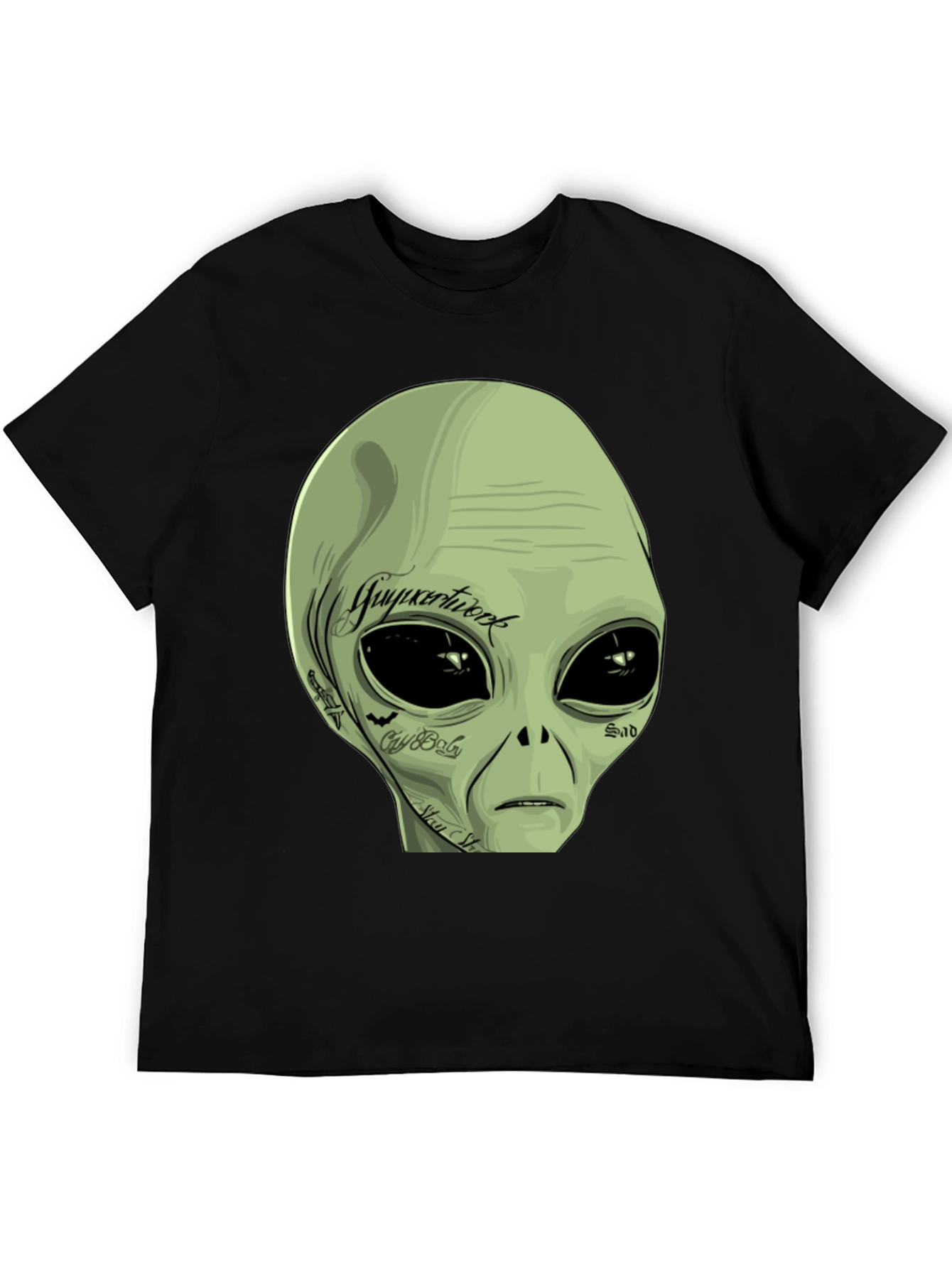 Tattooed Alien Graphic Tee - Black Cotton Casual T-Shirt