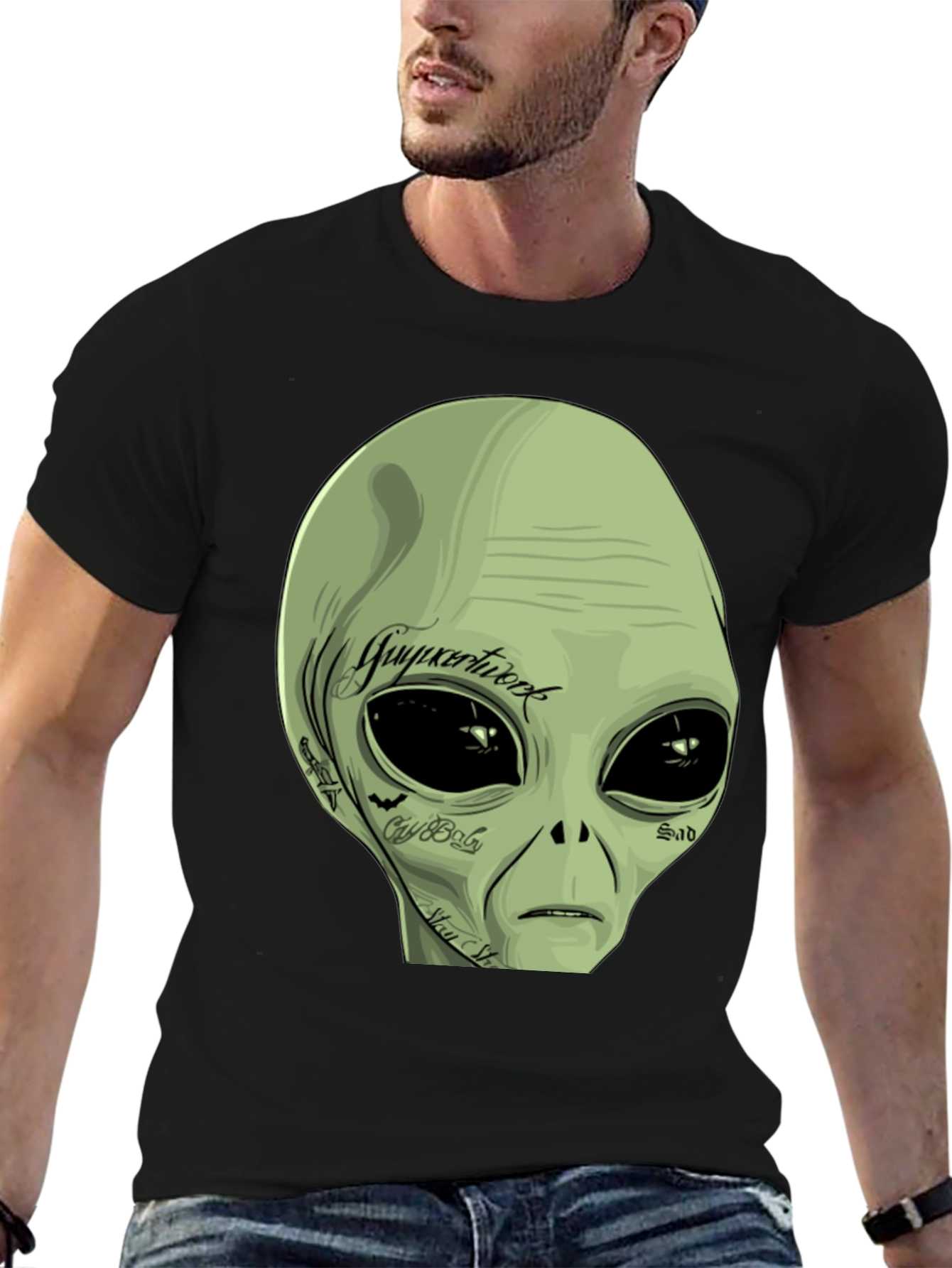 Tattooed Alien Graphic Tee - Black Cotton Casual T-Shirt