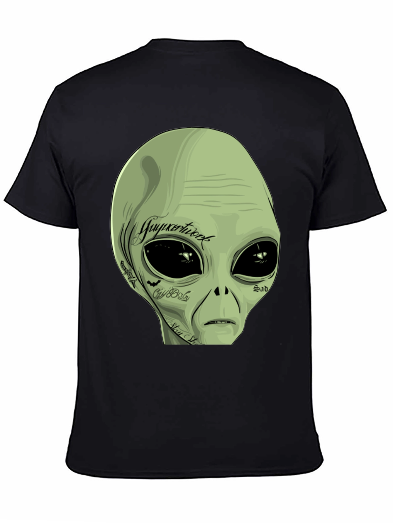 Tattooed Alien Graphic Tee - Black Cotton Casual T-Shirt