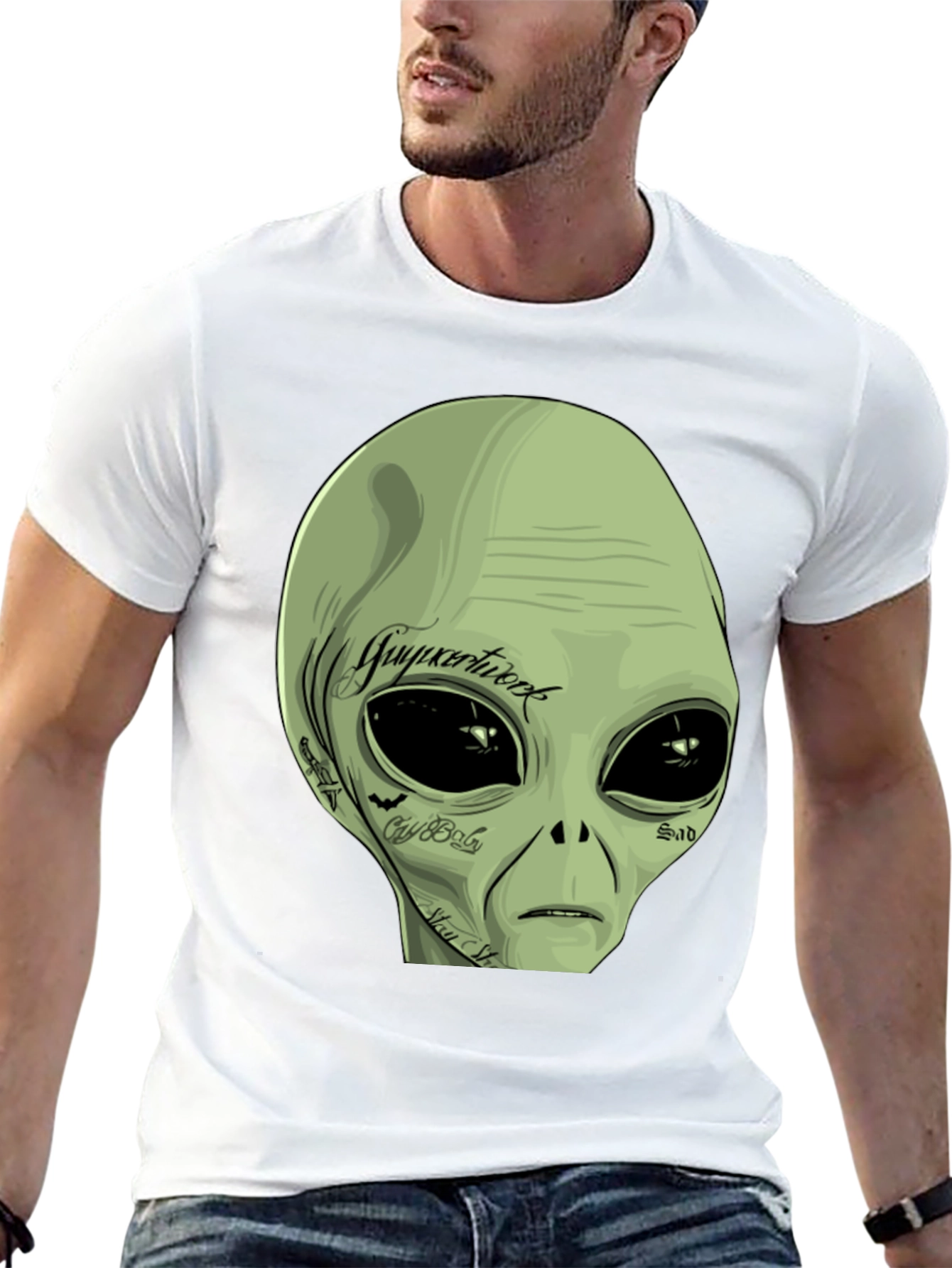 Tattooed Alien Graphic Tee - Black Cotton Casual T-Shirt
