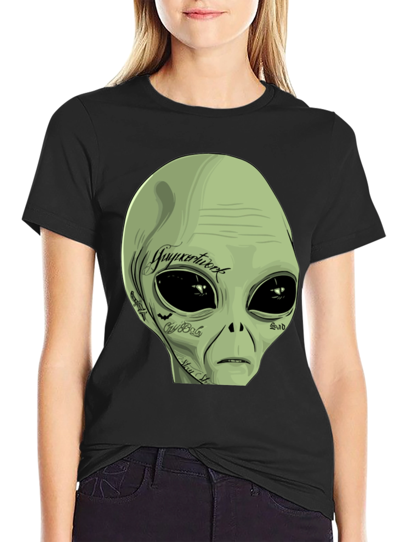 Tattooed Alien Graphic Tee - Black Cotton Casual T-Shirt