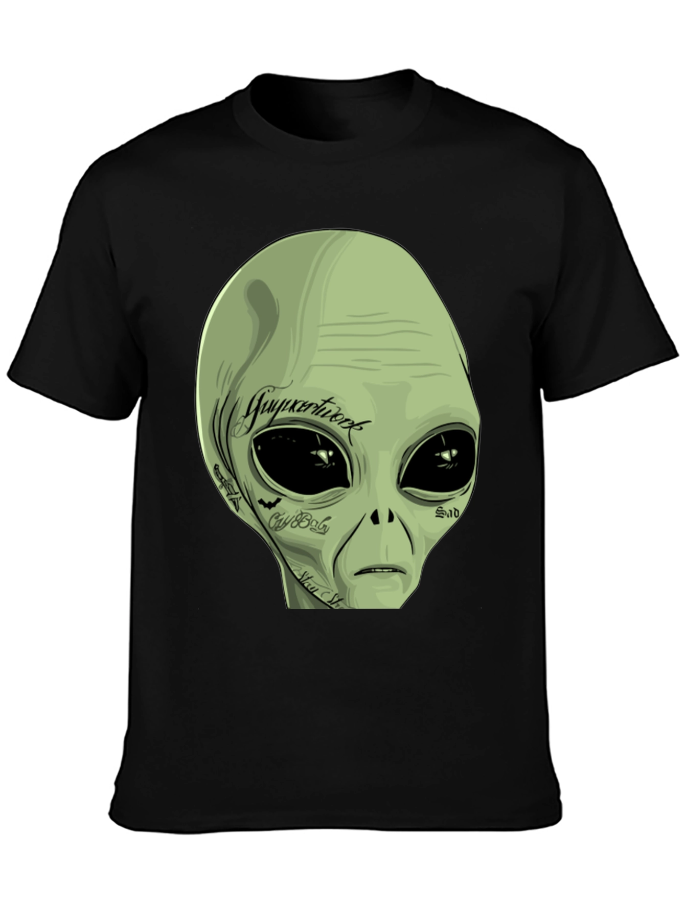 Tattooed Alien Graphic Tee - Black Cotton Casual T-Shirt