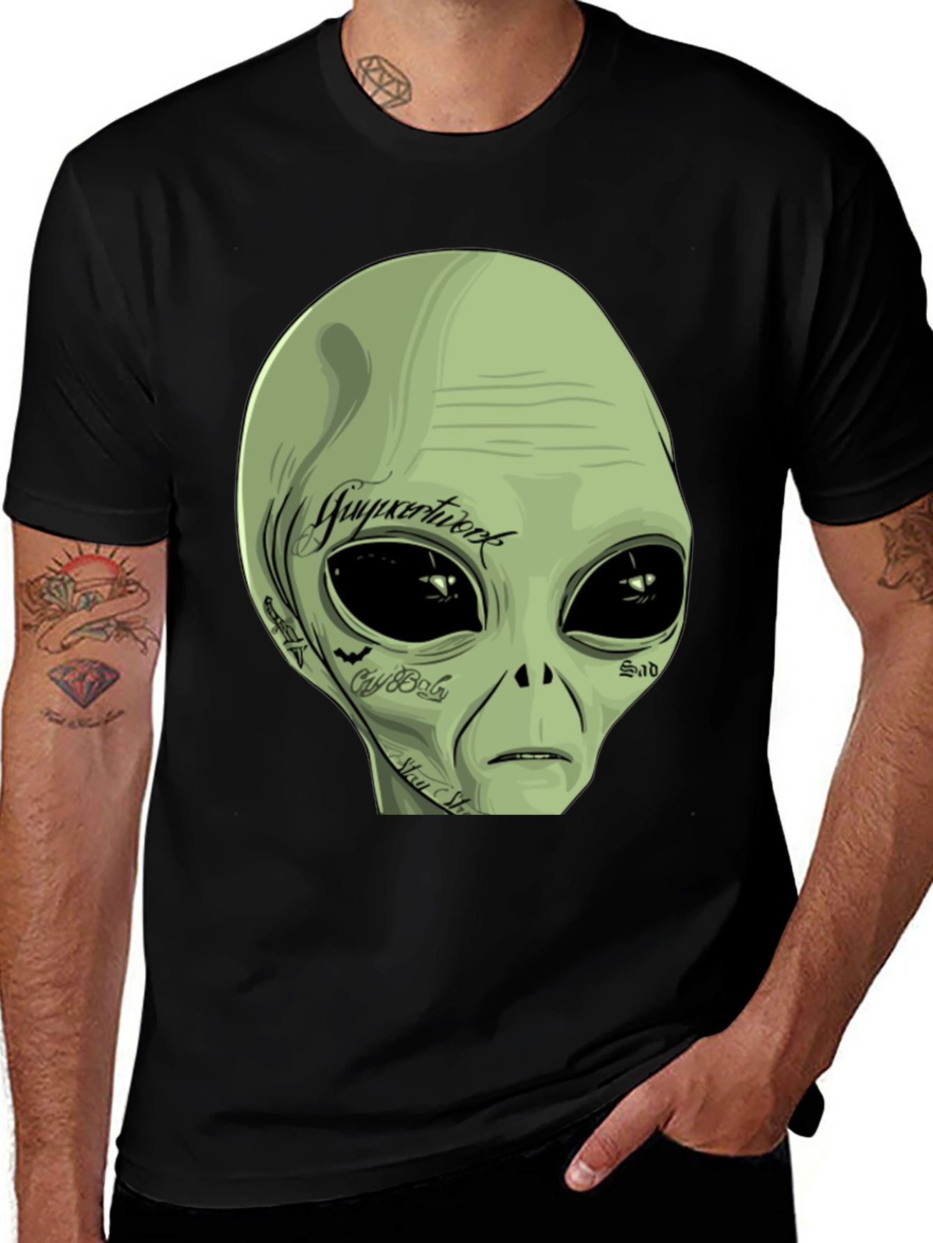 Tattooed Alien Graphic Tee - Black Cotton Casual T-Shirt
