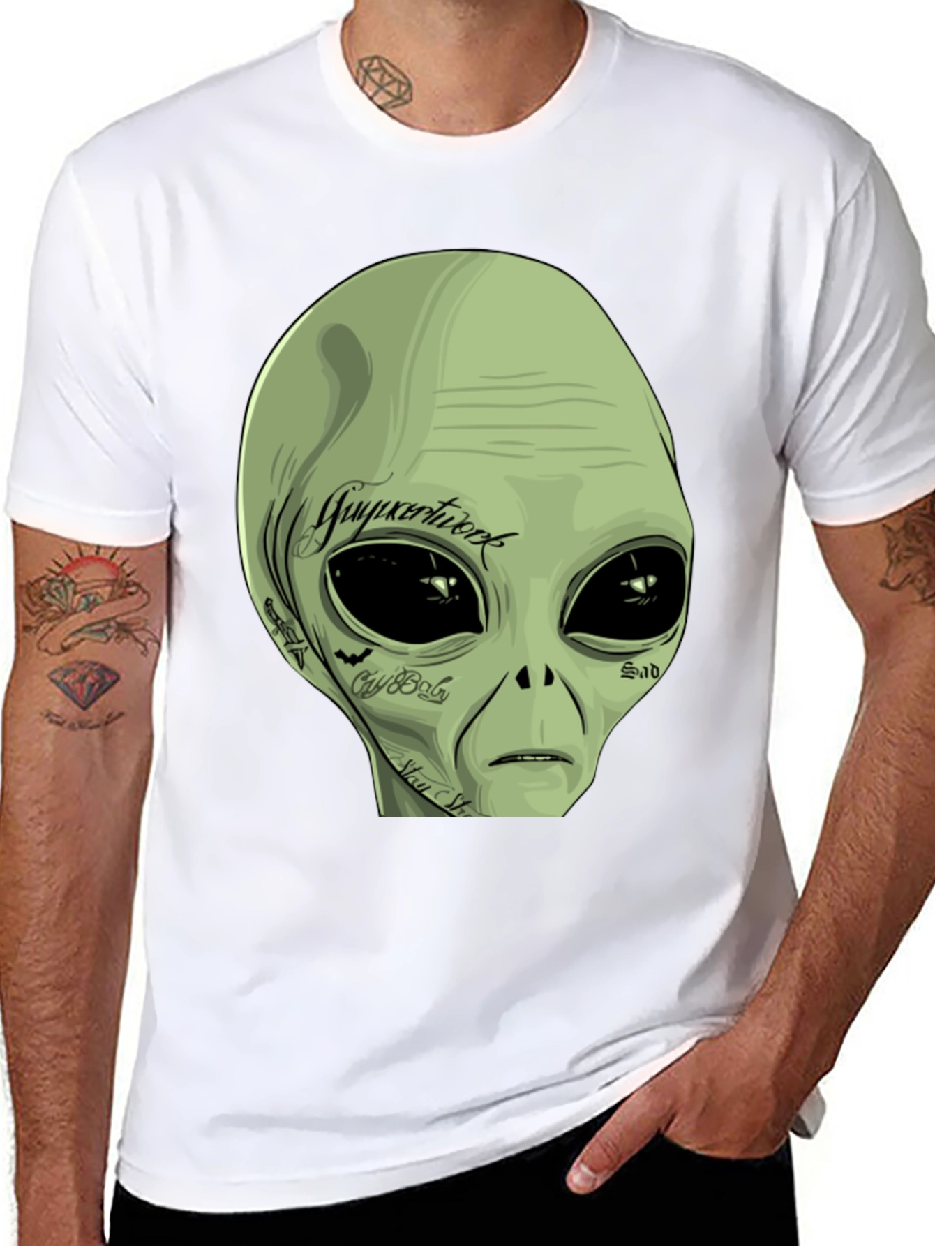 Tattooed Alien Graphic Tee - Black Cotton Casual T-Shirt