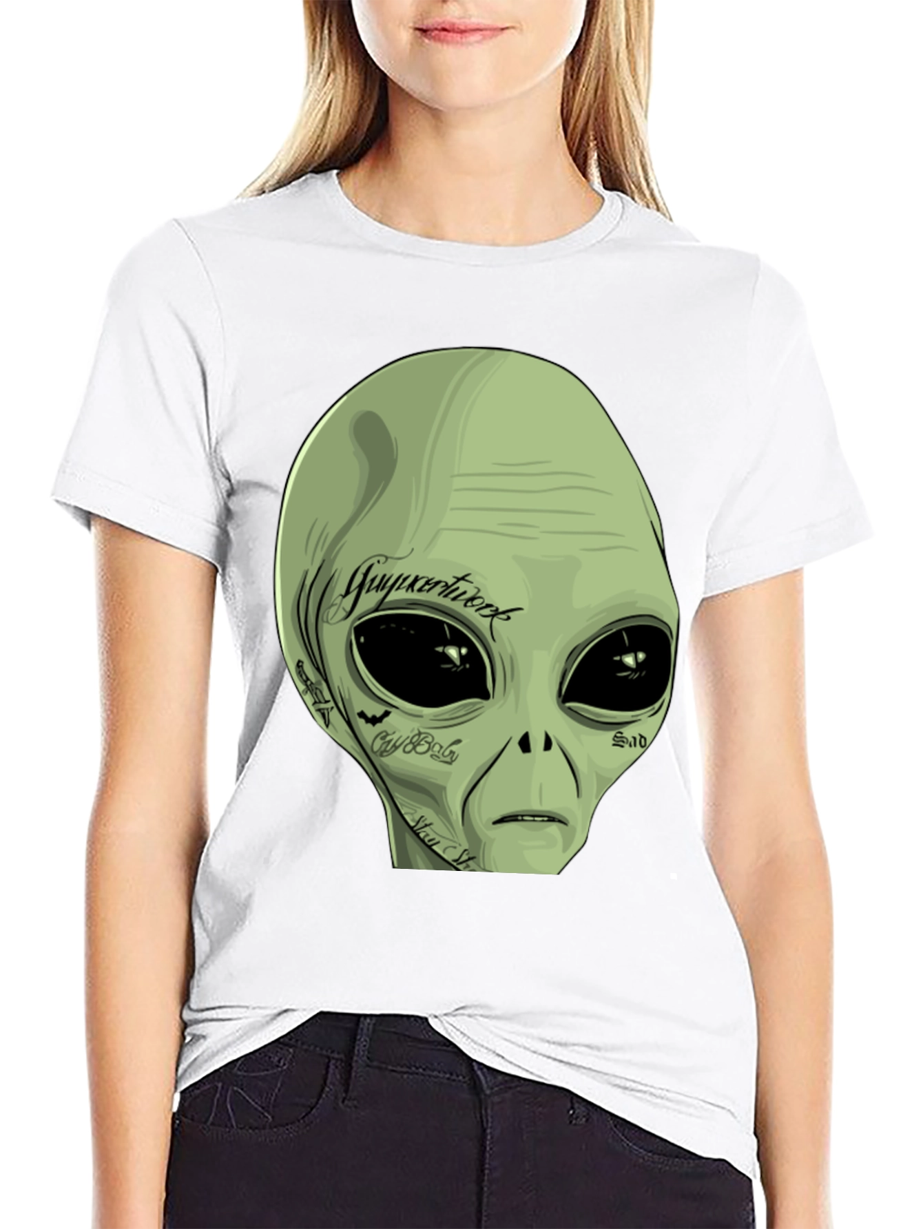Tattooed Alien Graphic Tee - Black Cotton Casual T-Shirt