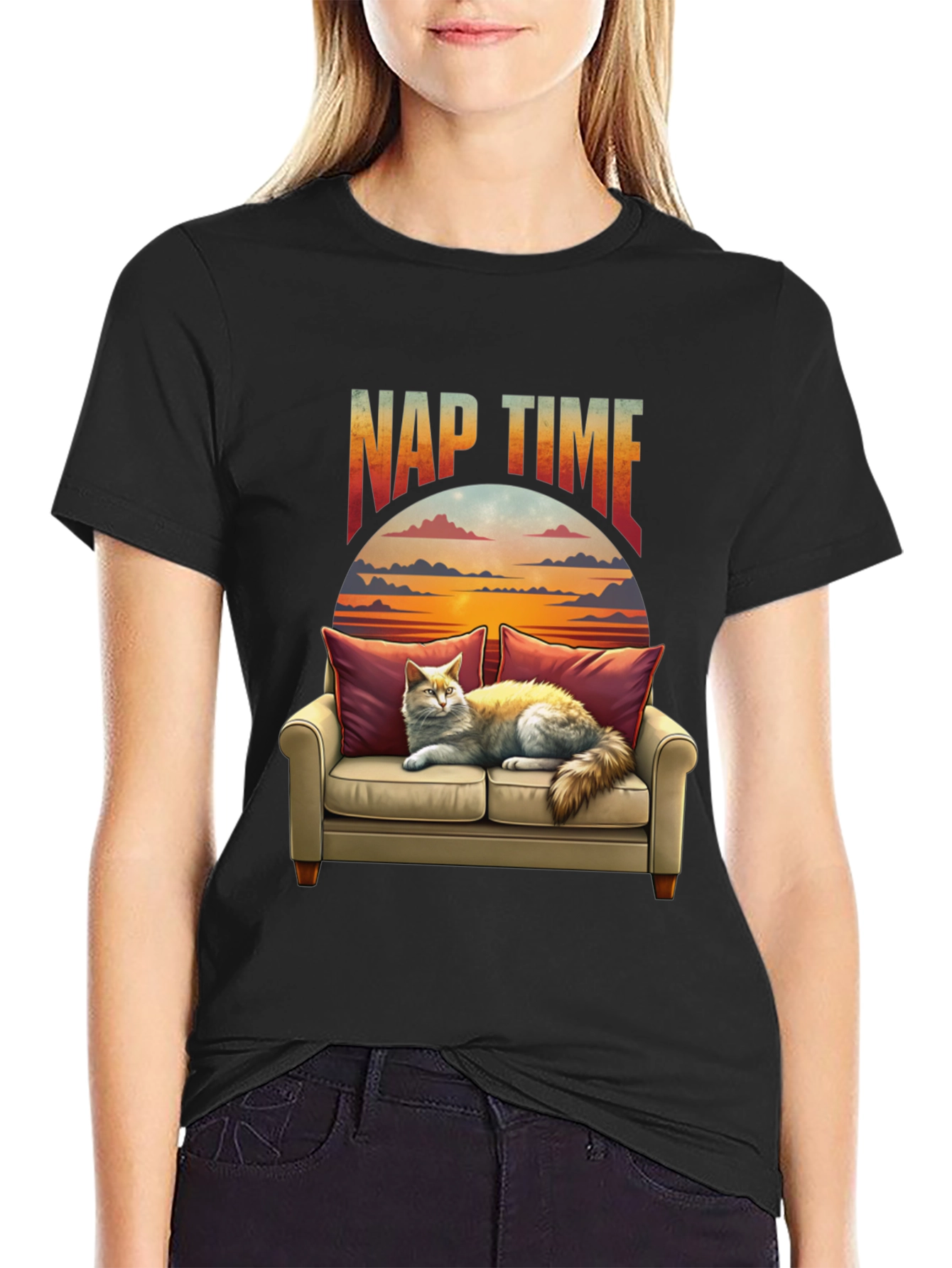 Nap Time Cat on Couch Graphic T-Shirt
