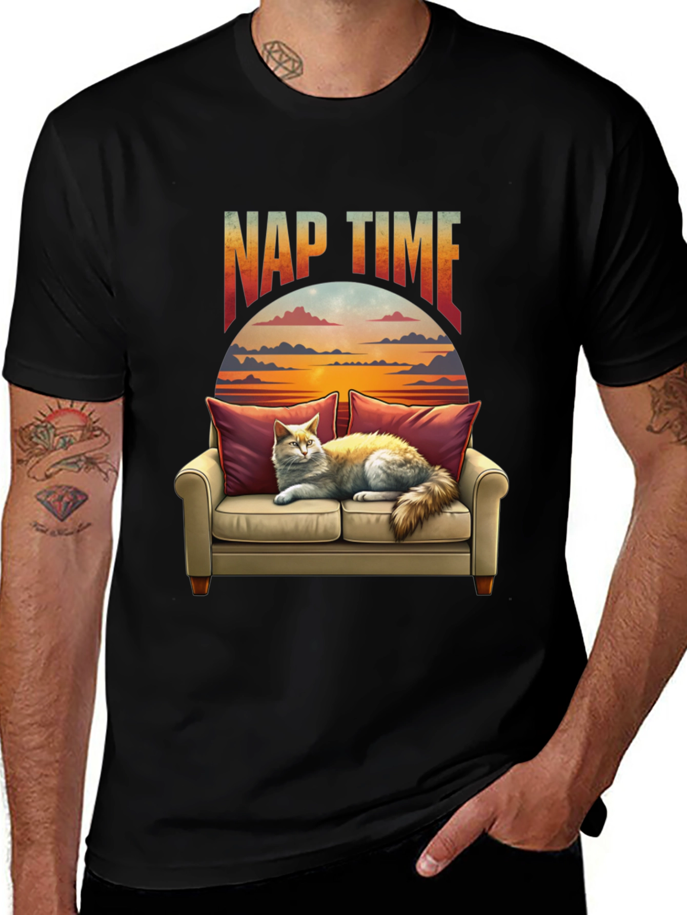 Nap Time Cat on Couch Graphic T-Shirt