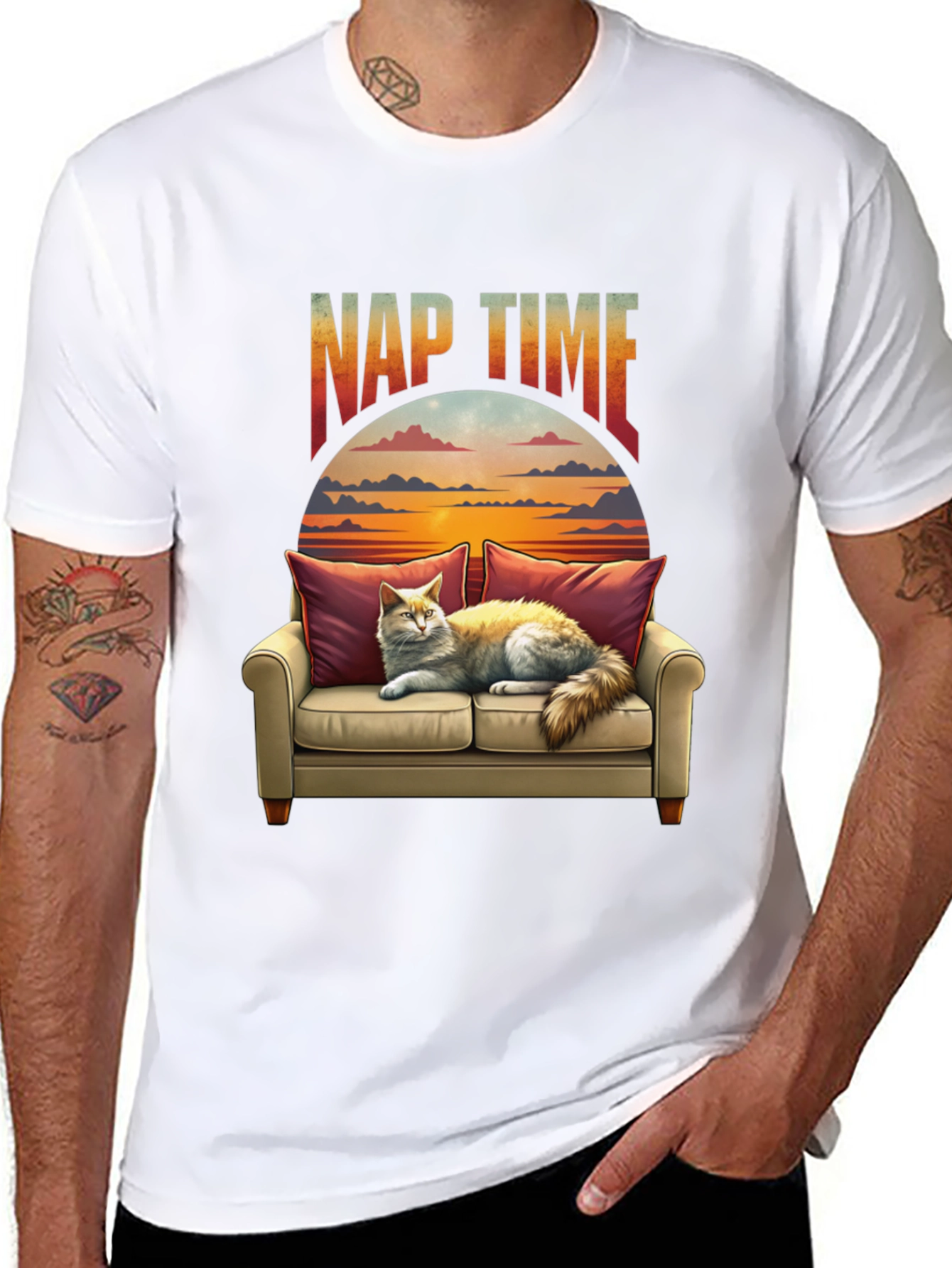 Nap Time Cat on Couch Graphic T-Shirt