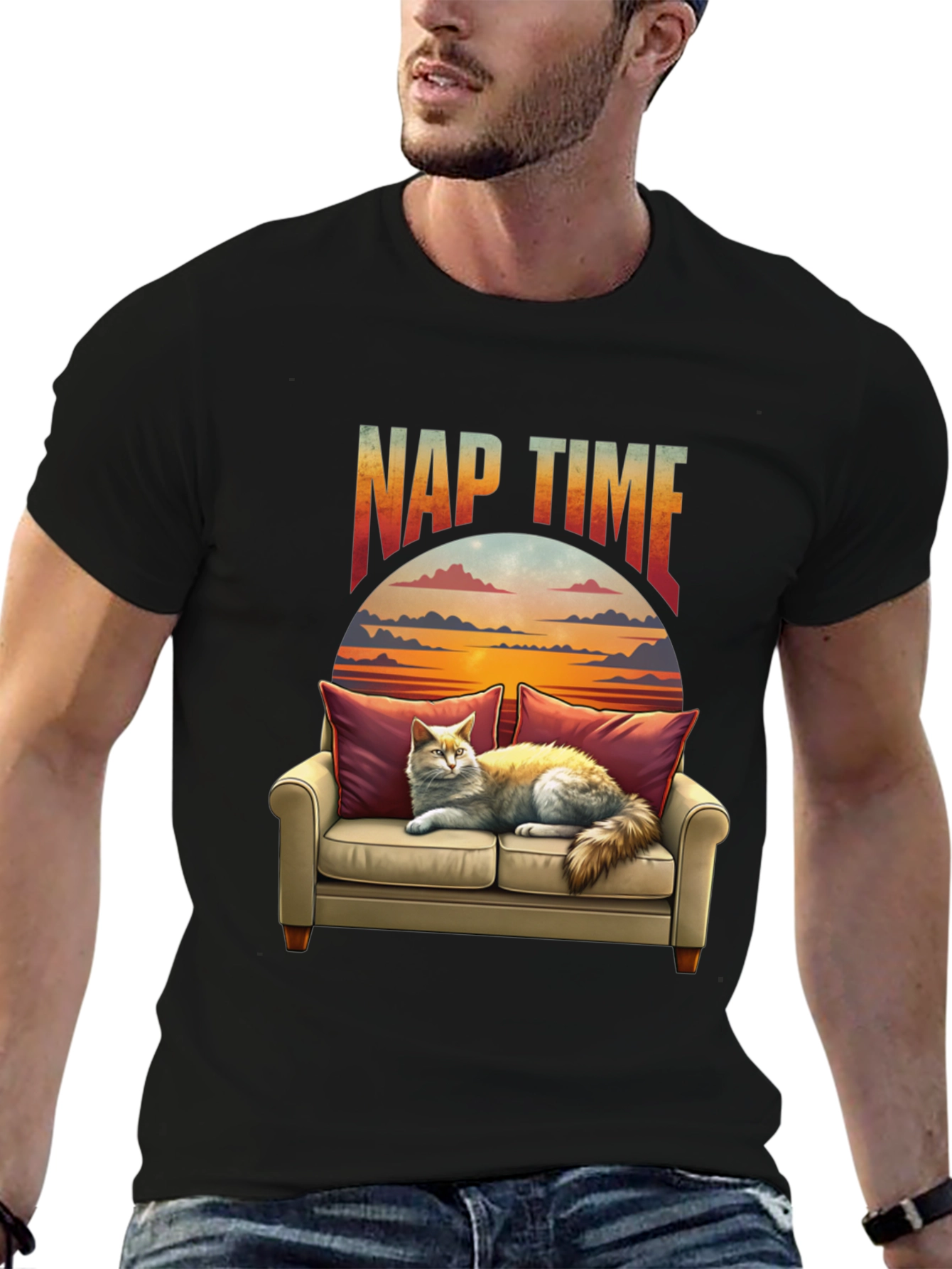 Nap Time Cat on Couch Graphic T-Shirt