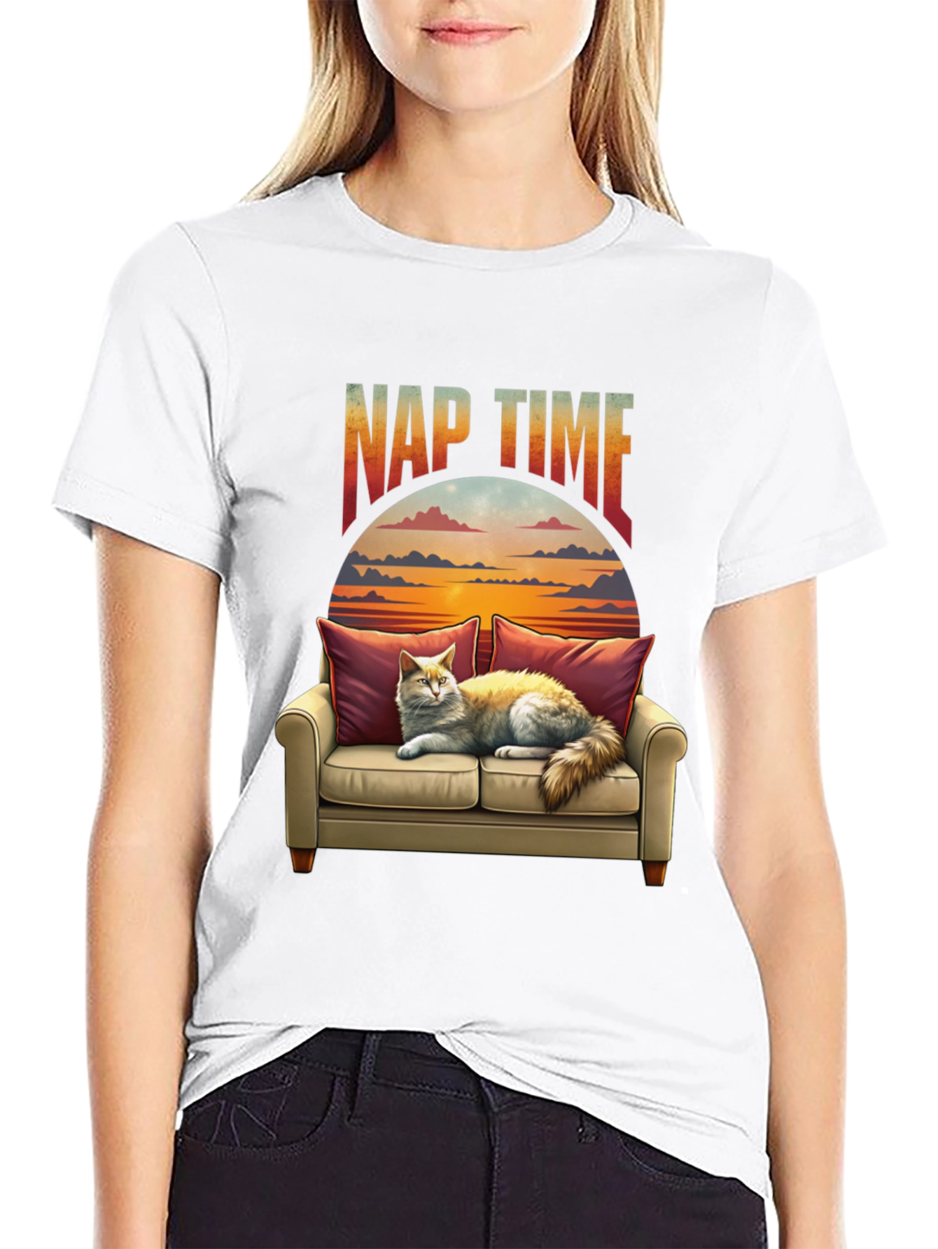 Nap Time Cat on Couch Graphic T-Shirt