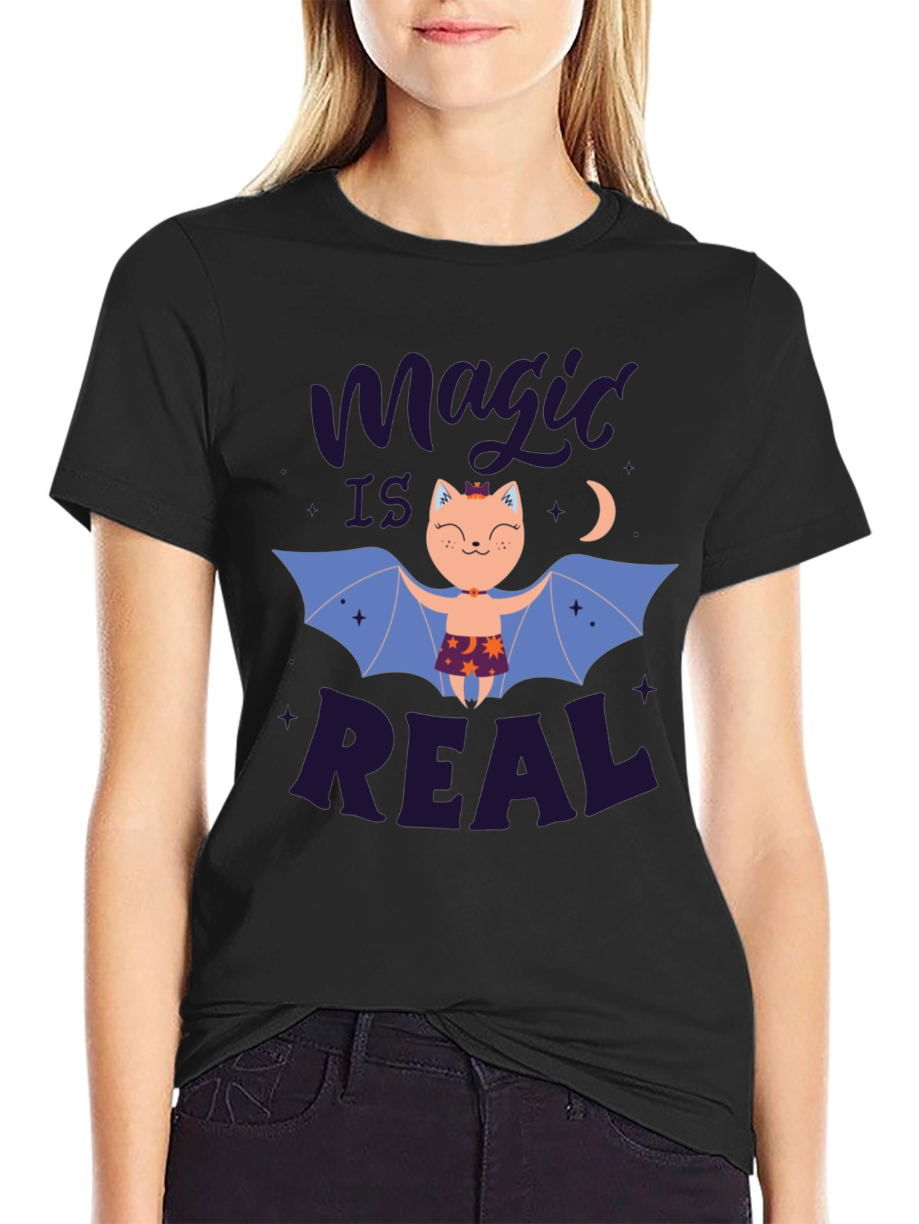Magic is Real Bat Cat Black T-Shirt