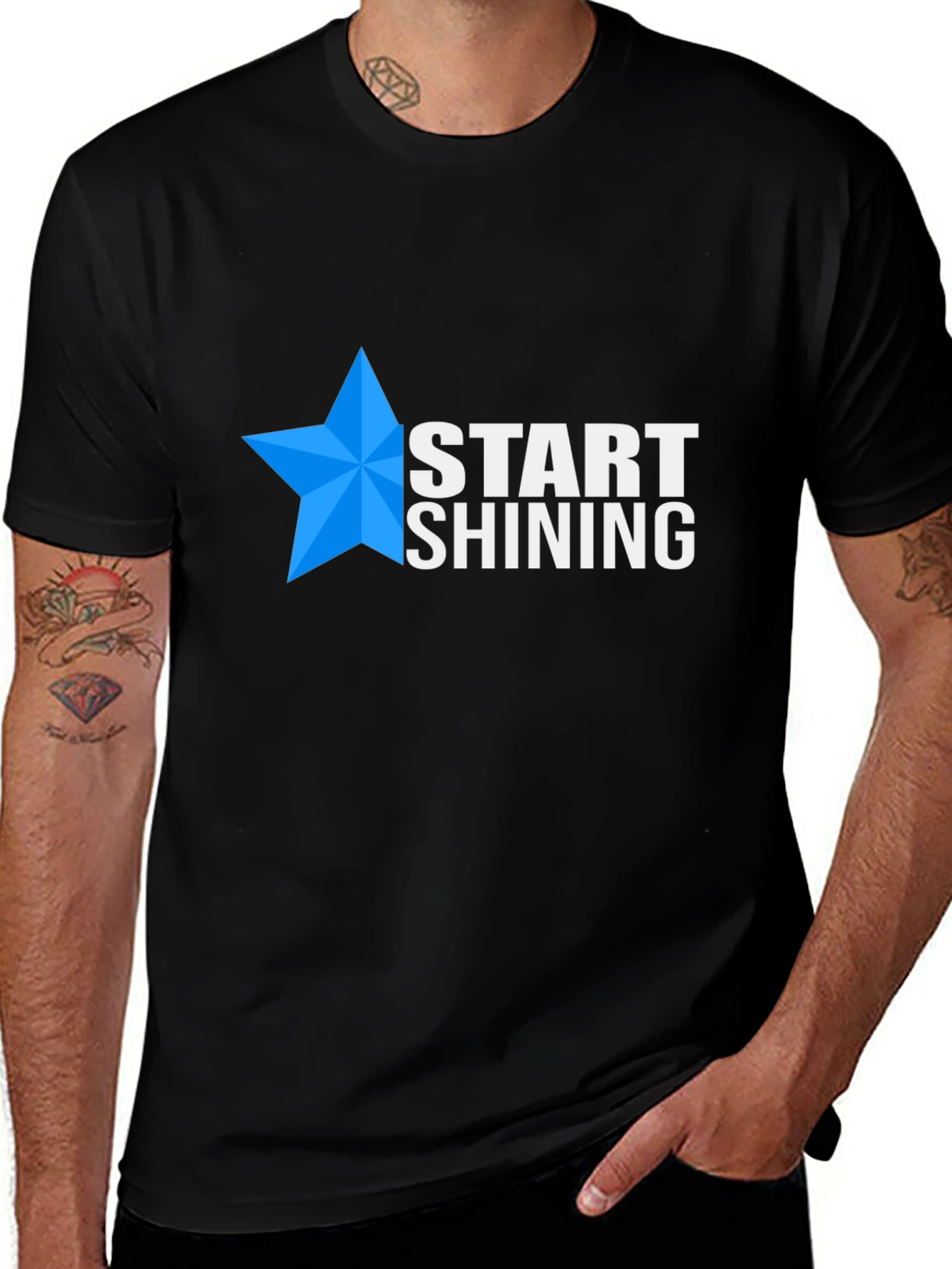 Start Shining Black T-Shirt with Blue Star Design