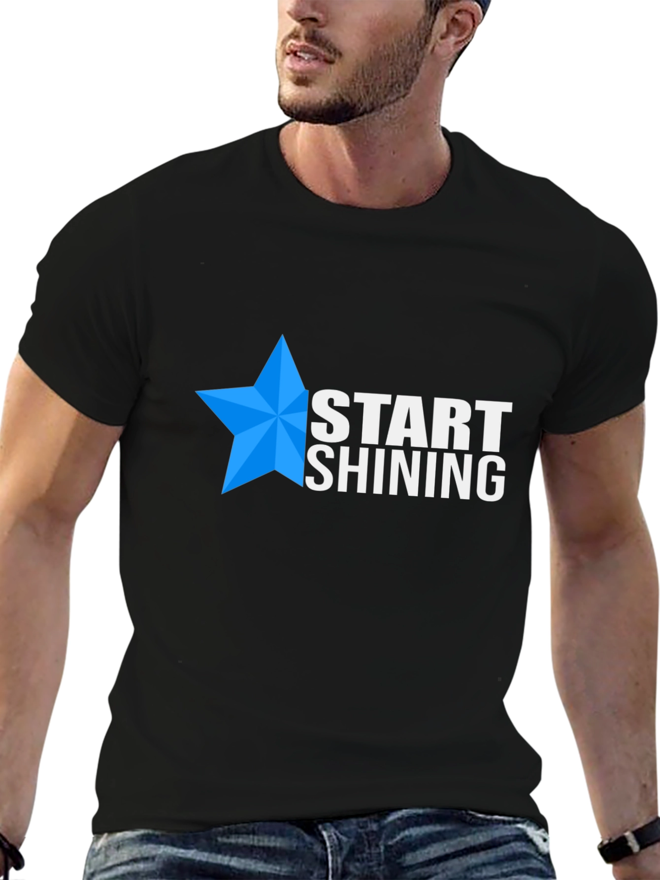Start Shining Black T-Shirt with Blue Star Design