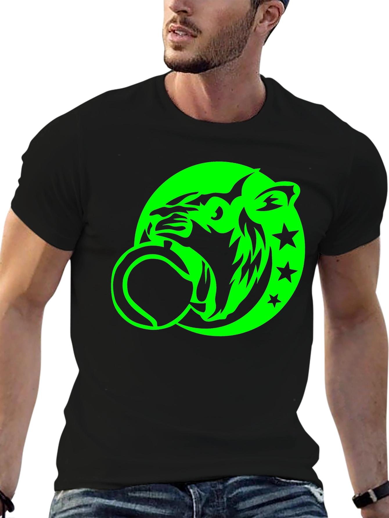 Black Tee with Neon Green Tiger Graphic