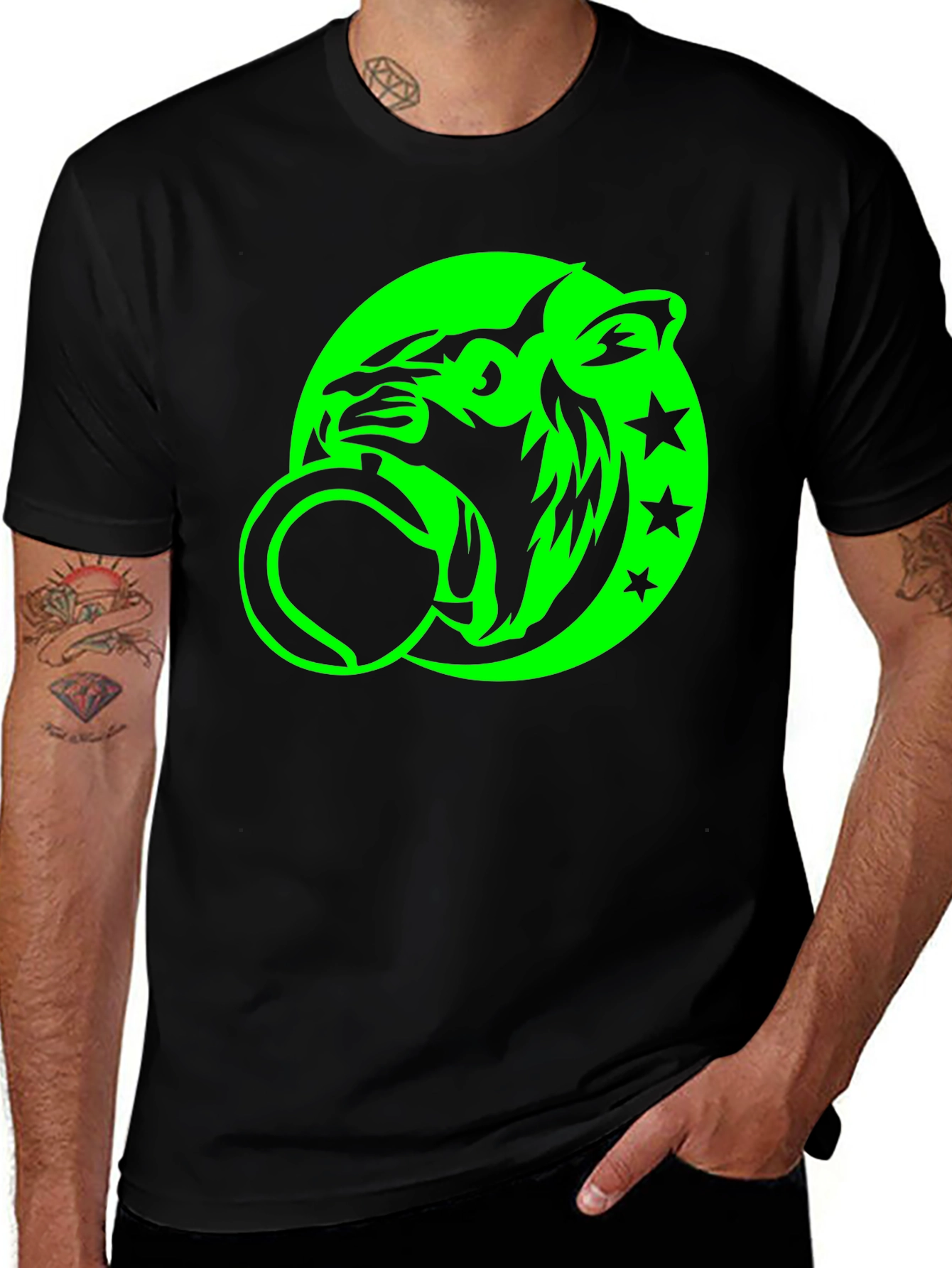 Black Tee with Neon Green Tiger Graphic