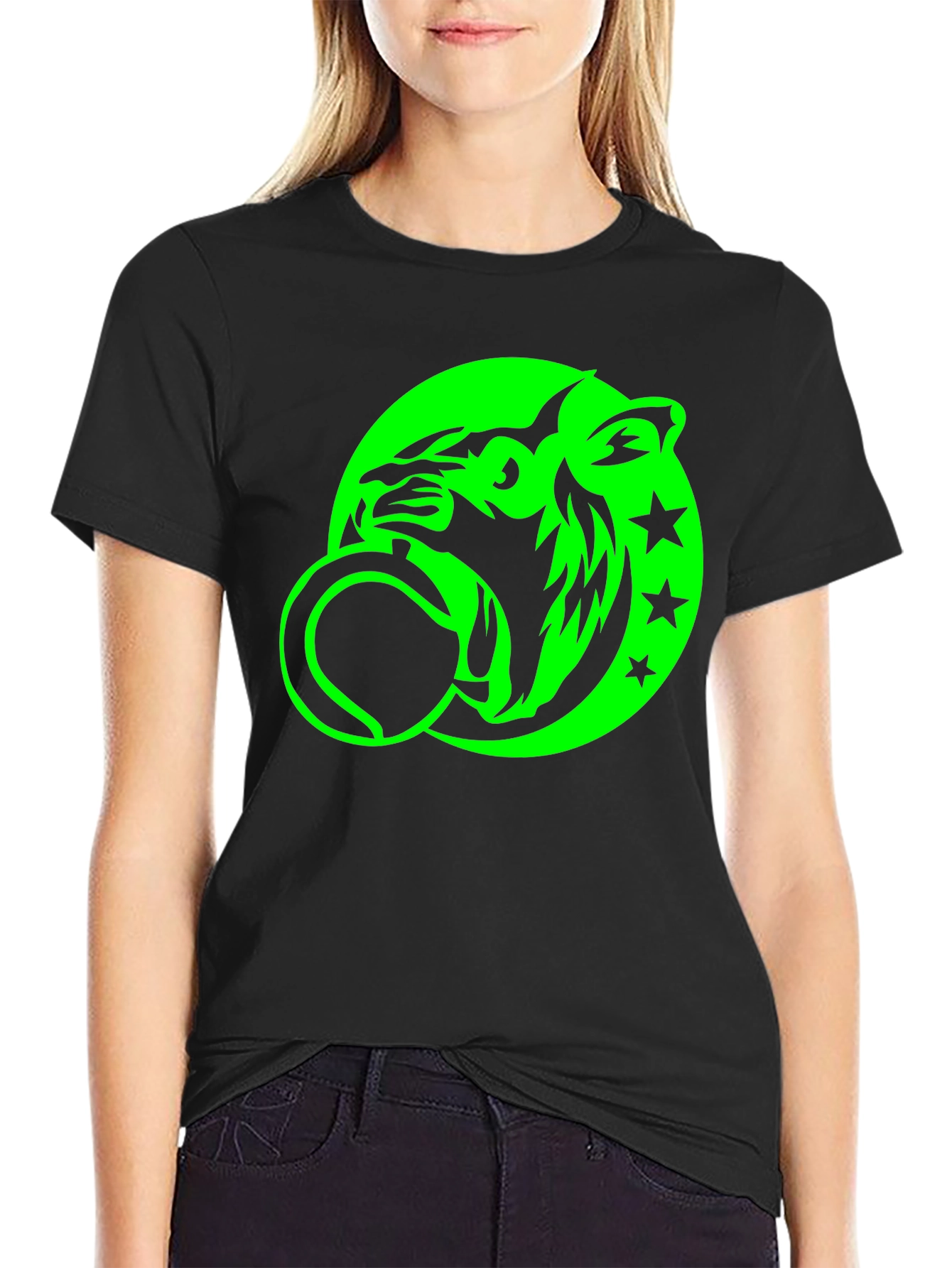 Black Tee with Neon Green Tiger Graphic
