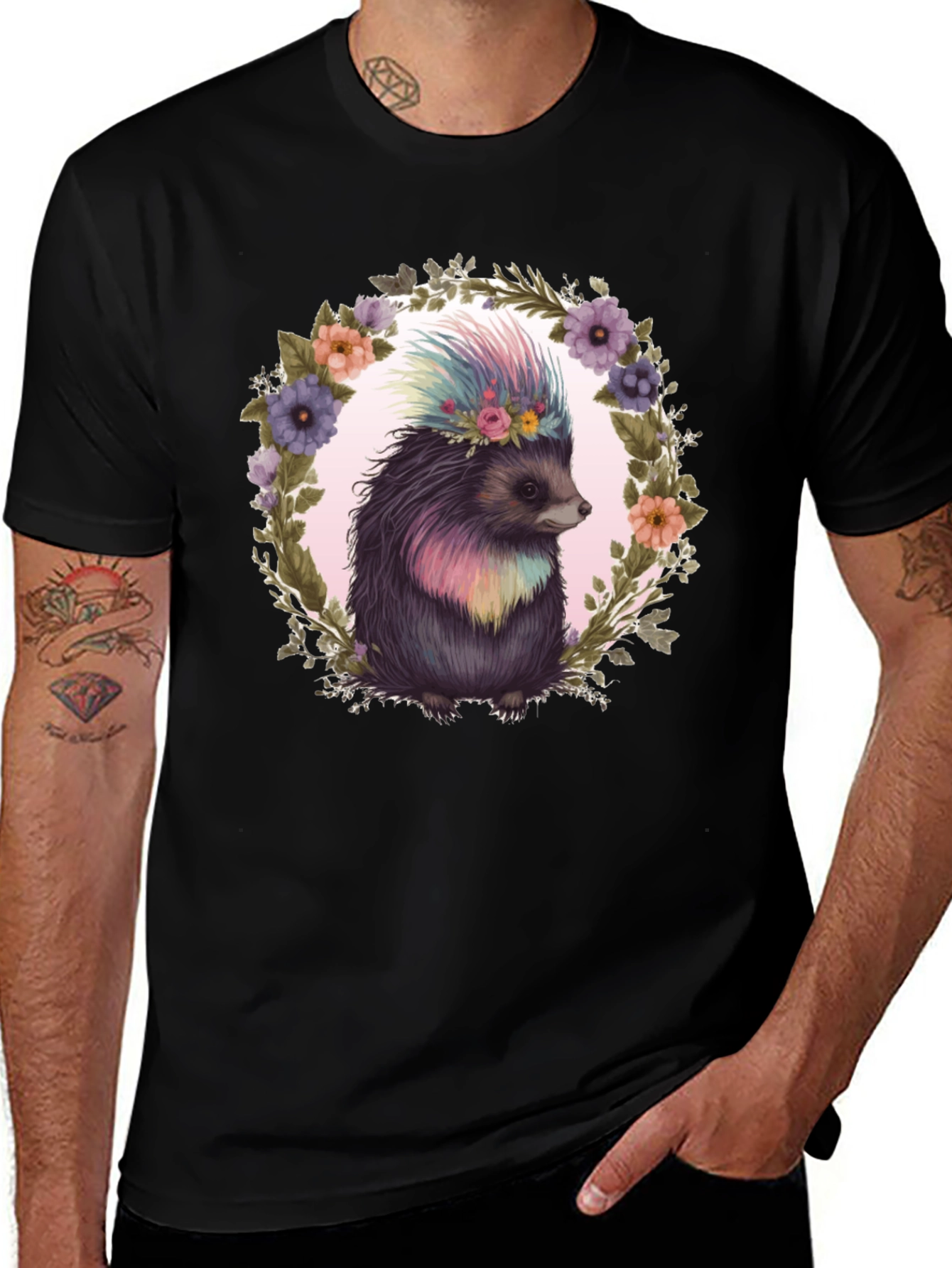 Floral Hedgehog Graphic Tee - Black
