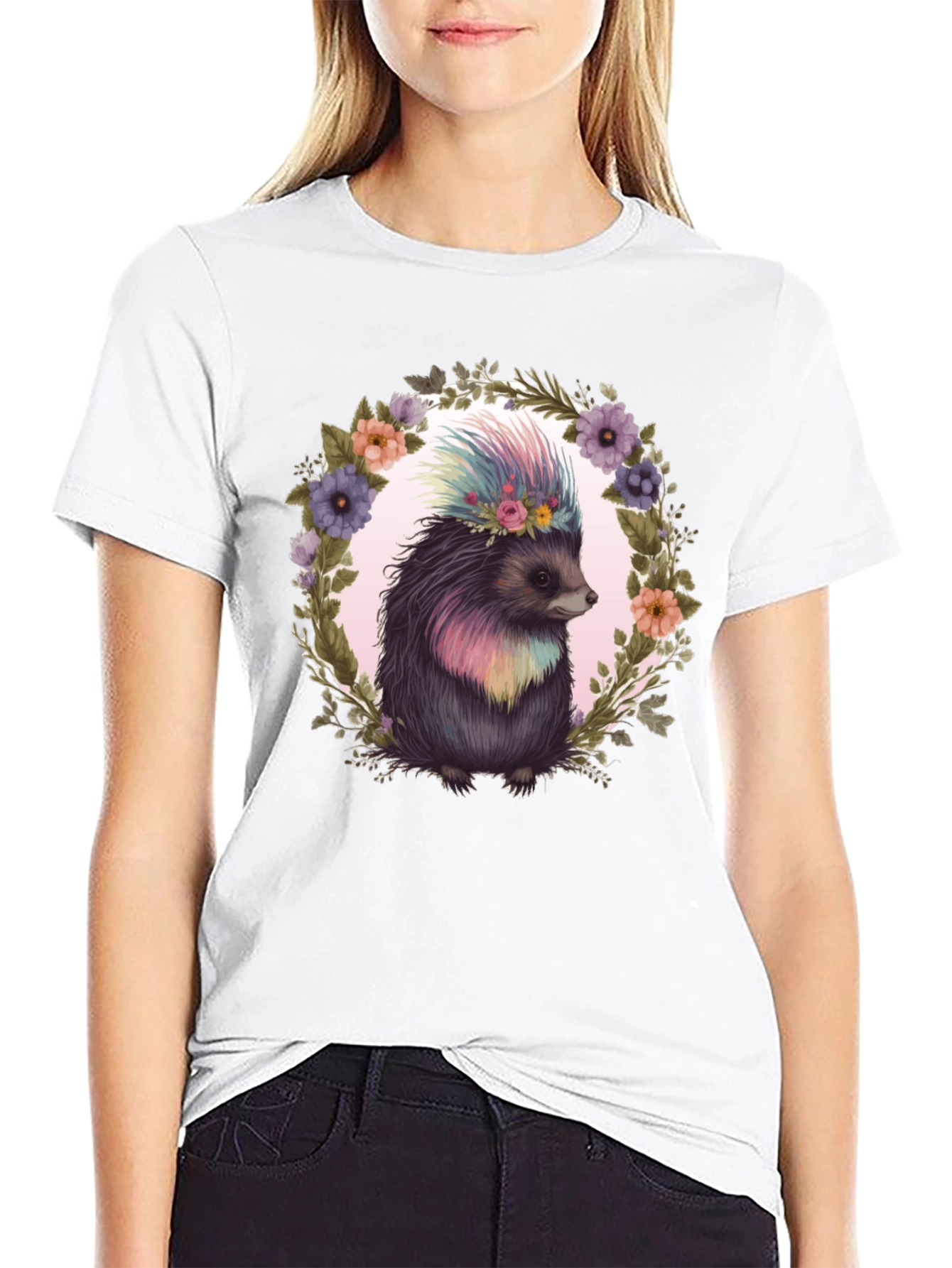 Floral Hedgehog Graphic Tee - Black