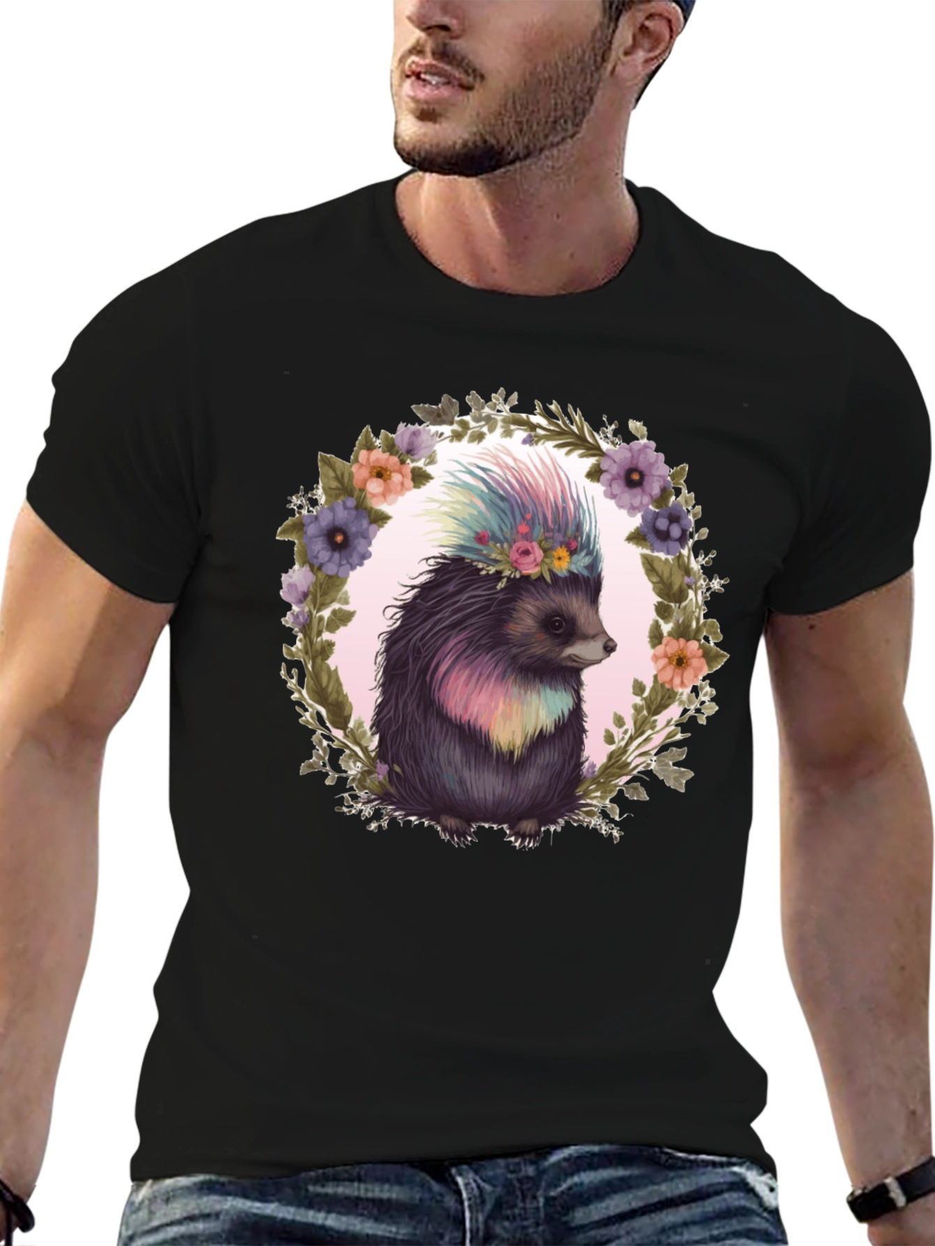 Floral Hedgehog Graphic Tee - Black