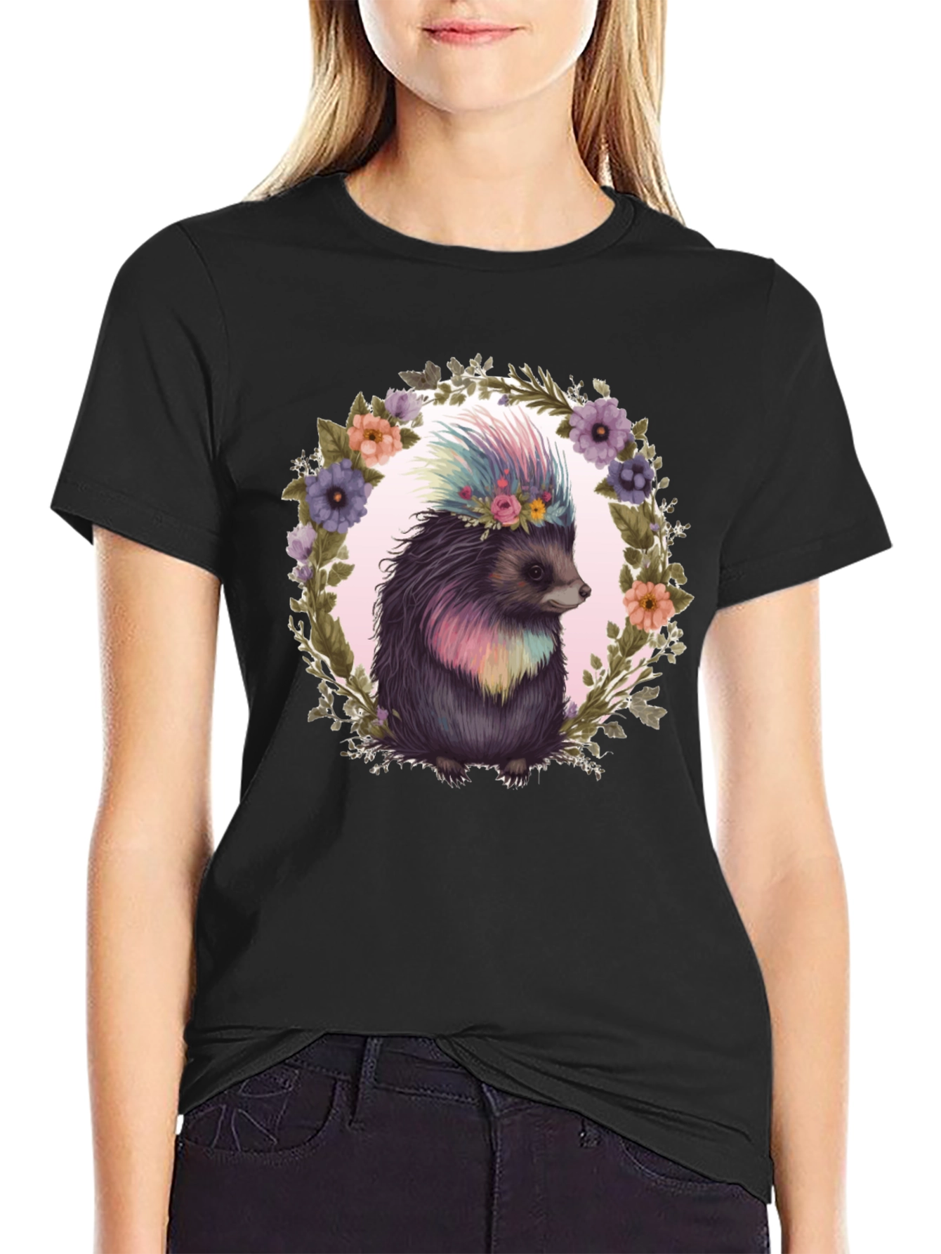 Floral Hedgehog Graphic Tee - Black